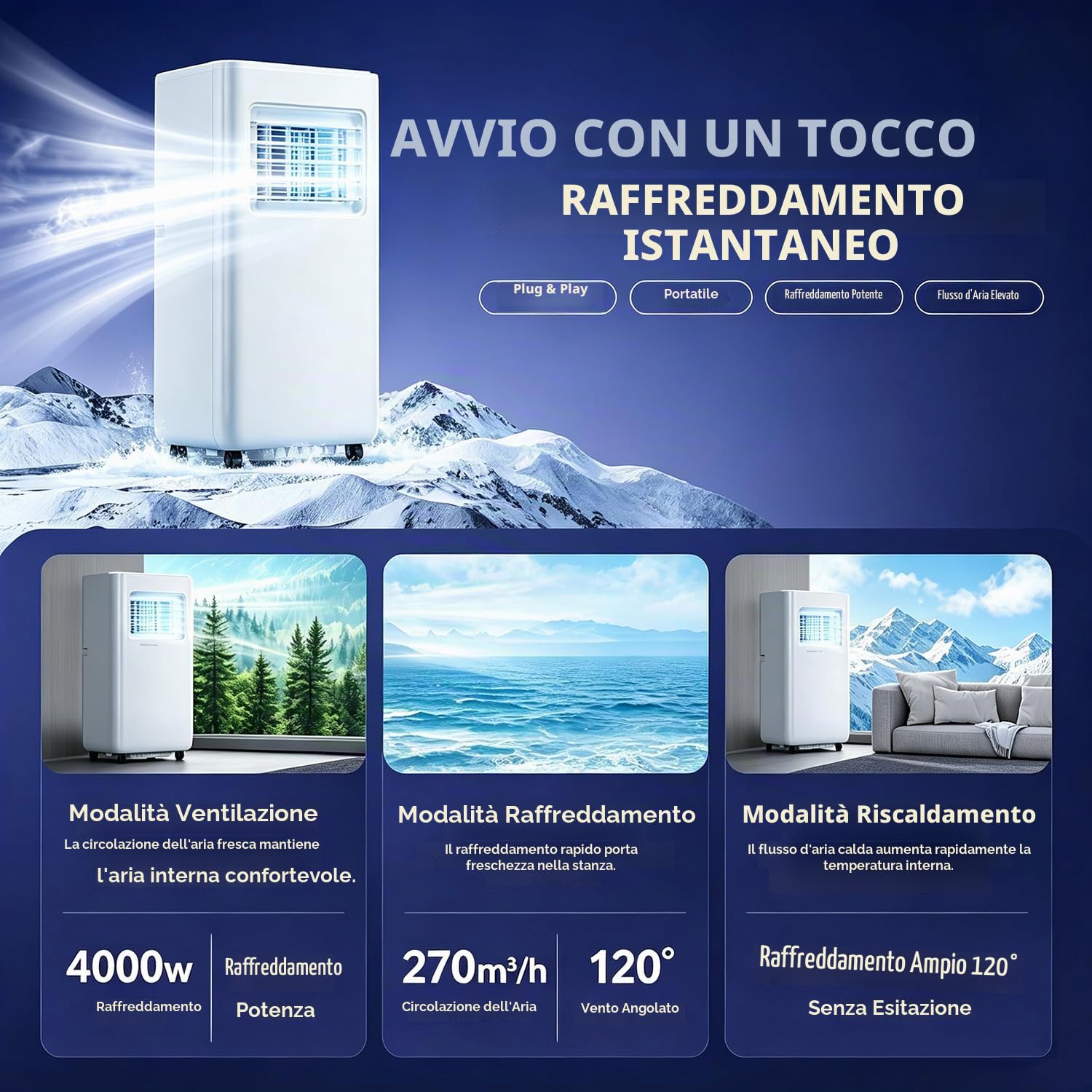 Condizionatore d'aria senza unità esterna, potente condizionatore d'aria da 14000 BTU, raffrescatore d'aria 4 in 1, condizionatore d'aria portatile a basso consumo energetico con telecomando 14000BUT