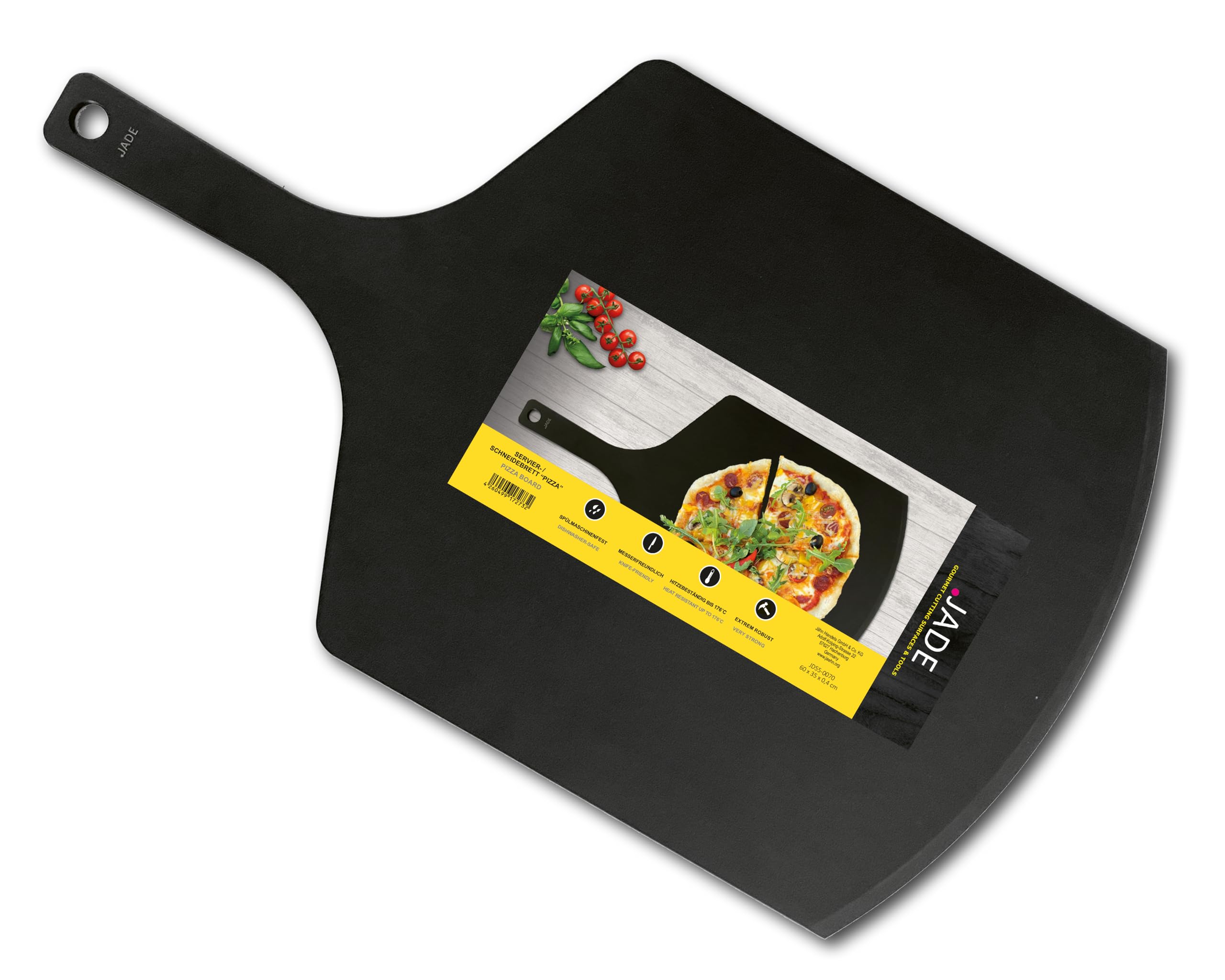 JADE Servier-/Schneidebrett "Pizza", Zellulose-Laminat, spülmaschinenfest, hygienisch, messerschonend, extrem robust, hitzebeständig bis 176°C, Aufhängeöse, praktischer Griff, BPA-frei