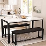 Dining Room Table Set with 2 Benches, Dining Table Set for 4-6, Dinner Table Set for 4, Faux Marble Breakfast Table Set & PU Leather Upholstered Benches for Small Spaces, Apartment, White