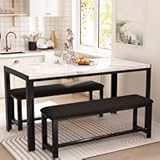 Dining Room Table Set with 2 Benches&comma; Dining Table Set for 4-6&comma; Dinner Table Set for 4&comma; Faux Marble Breakfast Table Set & PU Leather Upholstered Benches for Small Spaces&comma; Apartment&comma; White