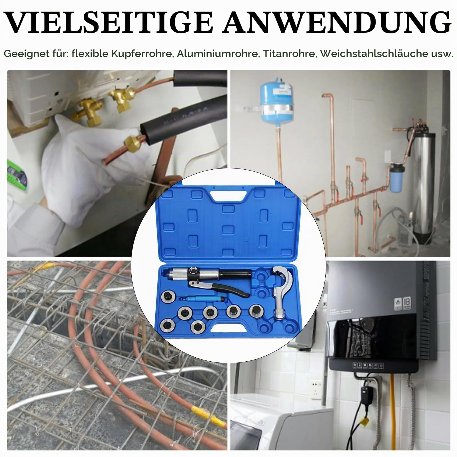 Hydraulischer Rohraufweiter, Hydraulisches Rohrpresswerkzeugset Mit Rohrschneider Entgratungswerkzeug Und 7 AufweiterköPfen Für 3/8 Bis 1-1/8 Zoll Kupferrohre Hvac-Aufweiterwerkzeuge (3/8“~1-1/8“)