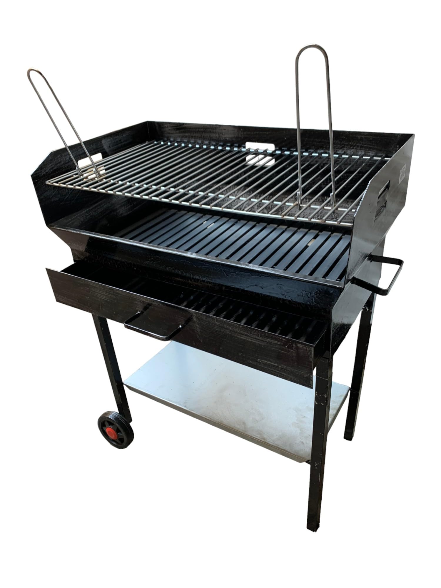 Barbecue a Legna e Carbonella in Ferro, con Ruote, Regolabile su 2 Altezze, Griglia in Acciaio, Ripiano poggia utensili (60x38 cm)