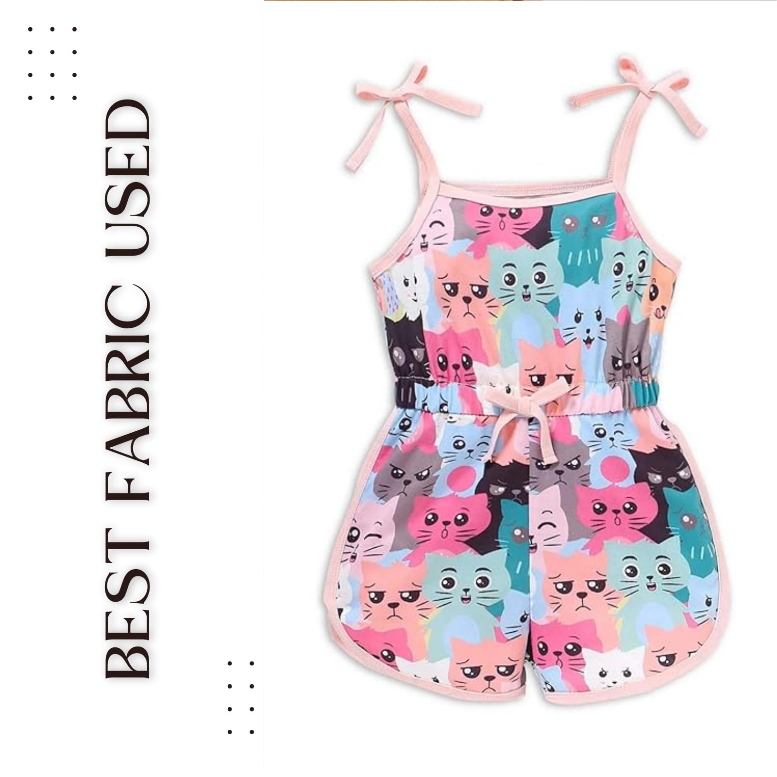 PAMBERSTON Girls' Cat Print Romper, Sleeveless Summer Jumpsuit with Shoulder Ties, Pink Multi-Colour 4