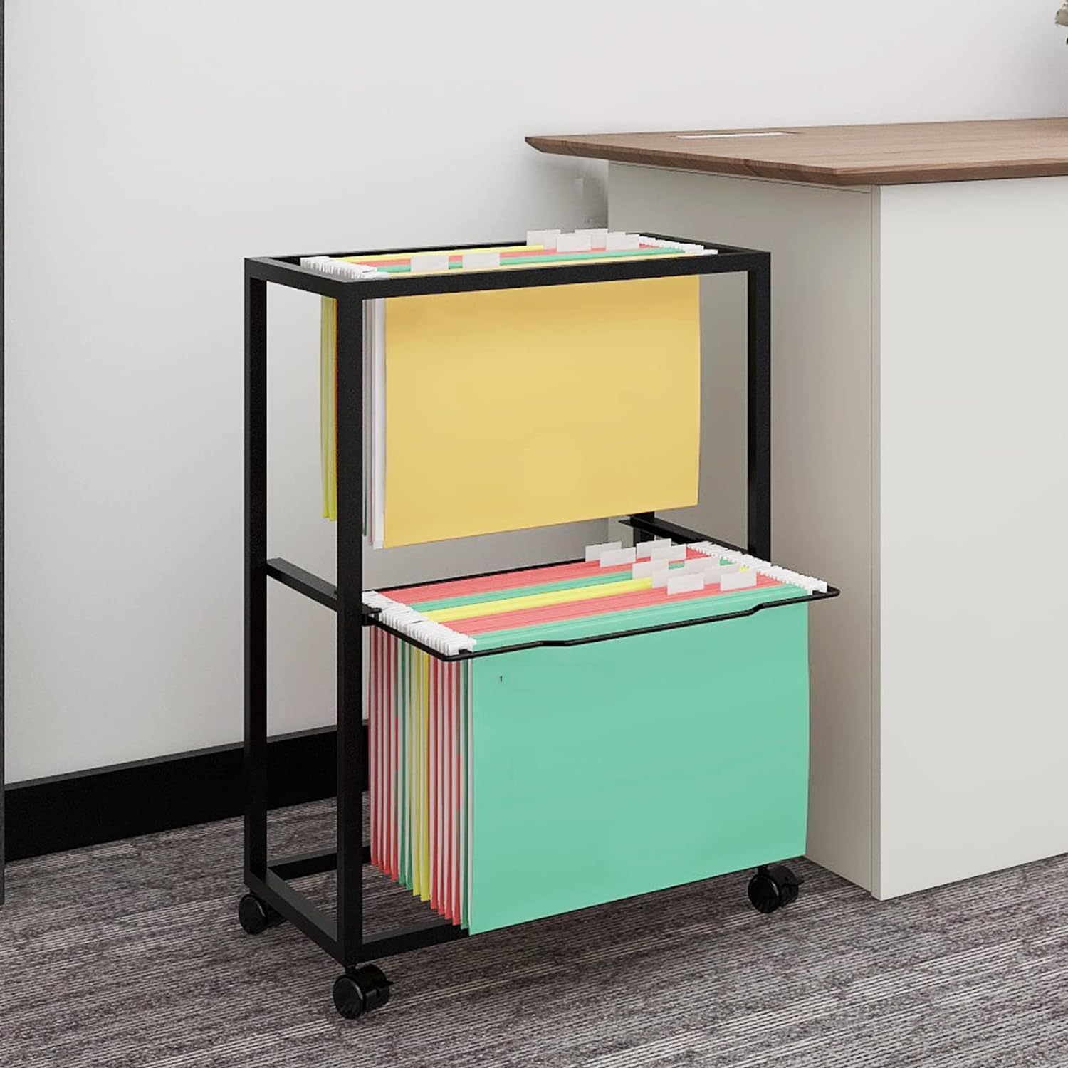 BANEBONE Metal Rolling File Carts with Wheels - 2-Tier Modern Hanging Files for Documents, Movable Pull-Out File Folder Rack Drawer Cabinet for Office, Classroom, or Printer Room - Black
