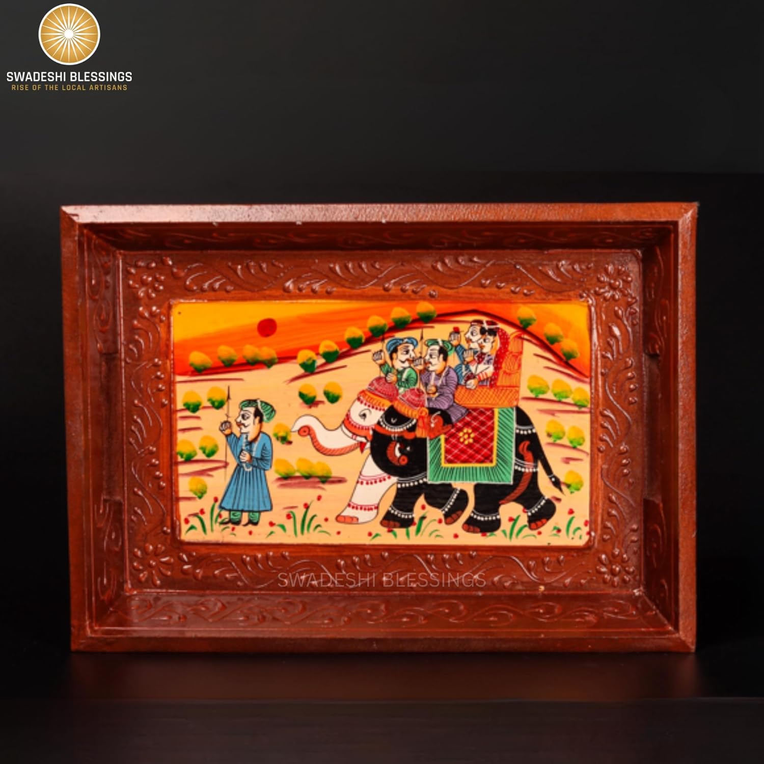 Swadeshi Blessings Wooden Serving Tray Set- Handcrafted & Hand-Painted for Kitchen/Table & Home Decor/Dinning/Gifts/Restaurants/Living Room/Coffee Table (Set of 3 Trays) (Brown)