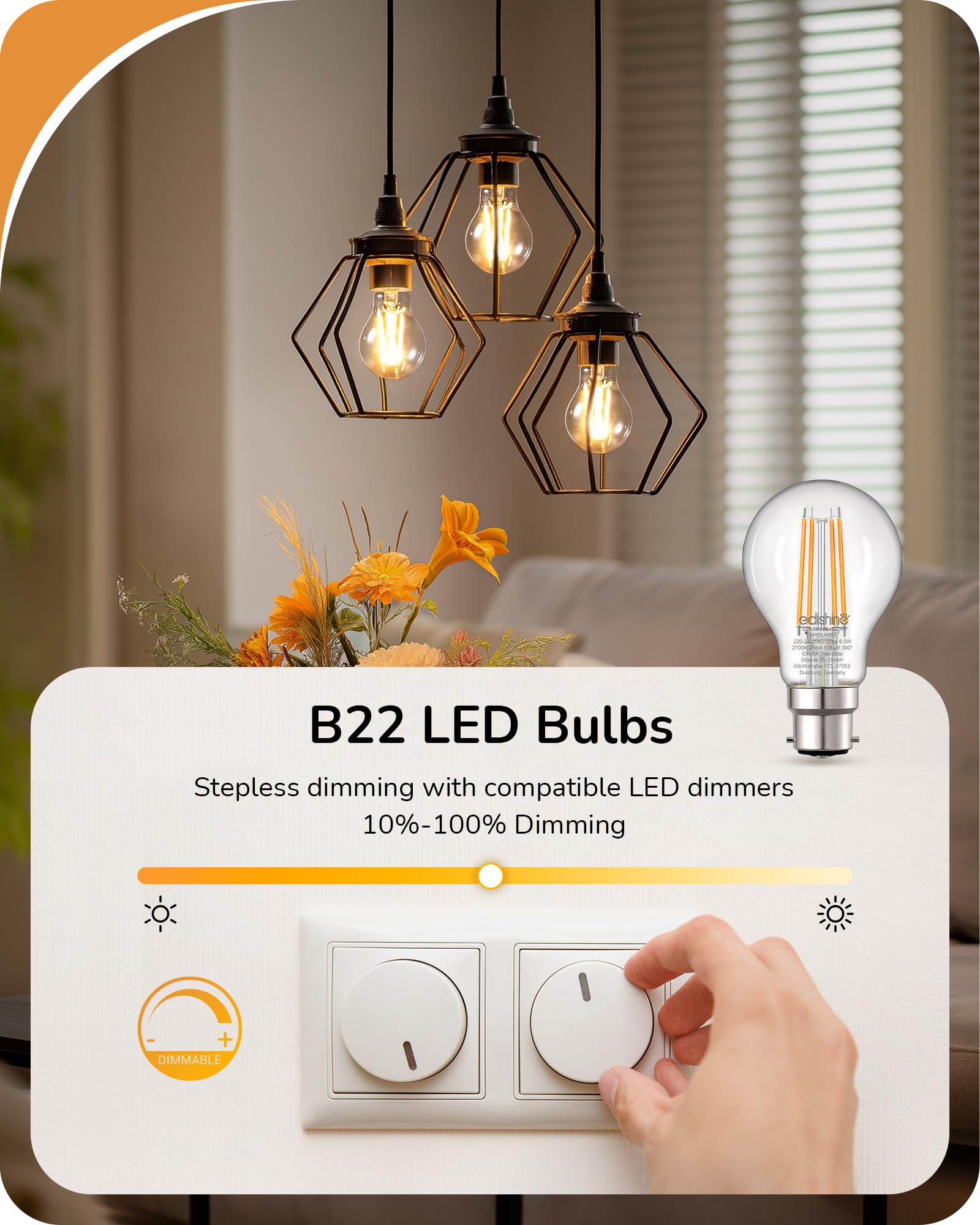 EDISHINE 6 Pack Bayonet Light Bulbs, 6.5W B22 LED Bulbs Dimmable, 2700K Warm White 806LM, GLS Energy Saving Light - Image 2