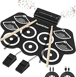 Bateria Eletrônica Instrumento Musical Portátil de Silicone Preto com 9 Pads, Pedais, Baquetas, MIDI Ideal para Crianças, iniciantes, Músicos, Prática Musical em Casa