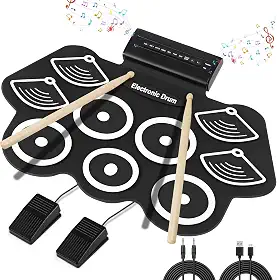 Bateria Eletrônica Instrumento Musical Portátil de Silicone Preto com 9 Pads, Pedais, Baquetas, MIDI Ideal para Crianças, iniciantes, Músicos, Prática Musical em Casa