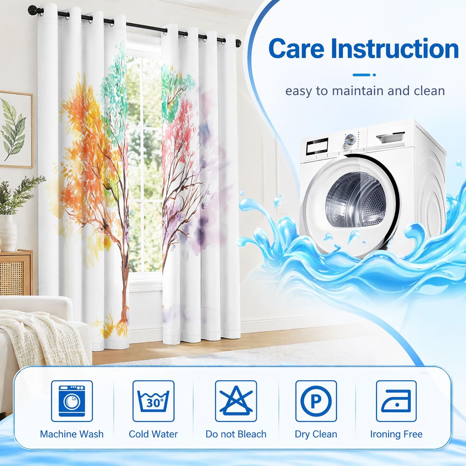 Generisch Baum Blatt Zweig Blickdichte Gardinen Aquarell Saison Ösenvorhänge Thermo Vorhang Schlafzimmer Wohnzimmer Kinder Verdunklungsvorhänge 2er Set B 91.5 x H 214 cm