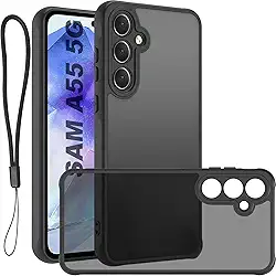 USTIYA FG Capa para Samsung Galaxy A55 5G Case Matte Acrílico Uso Resistente Protetora de Câmera Capinha Acessórios para Celular com Cordão Preto