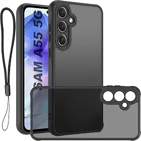 USTIYA FG Capa para Samsung Galaxy A55 5G Case Matte Acrílico Uso Resistente Protetora de Câmera Capinha Acessórios para Celular com Cordão Preto