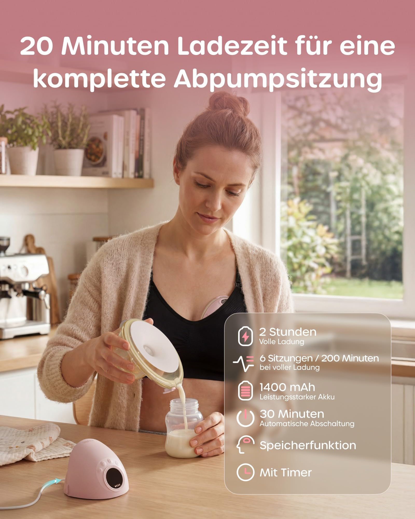 Nuliie JoyFlow Pro Tire-lait portable mains libres avec veilleuse & collecteur PPSU sans BPA, tire-lait électrique avec 4 modes & 12 niveaux, téterelle 24 mm, inserts 17/19/21 mm, lot de 2 Rose