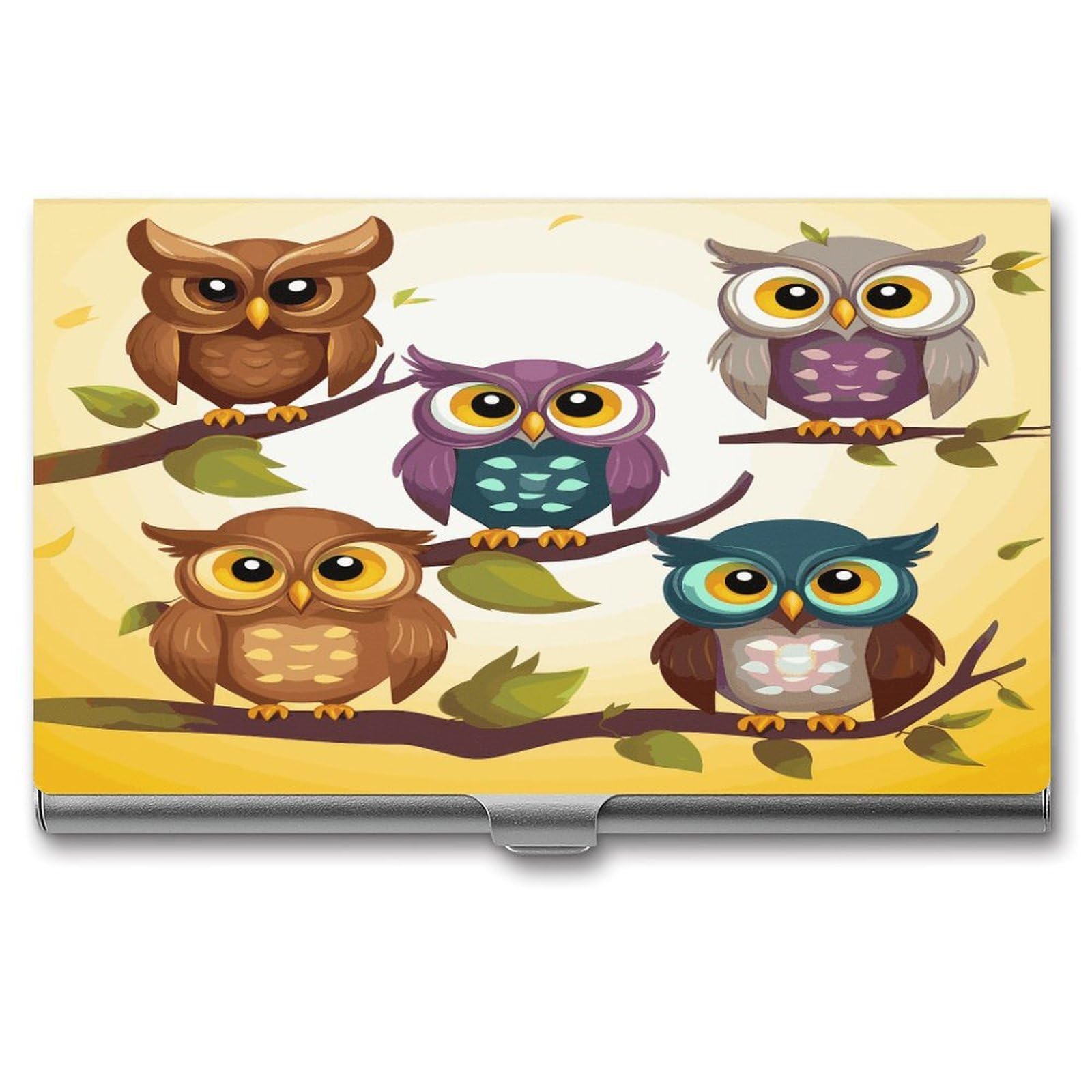 LDGSUPH Owls Birds Business Card Holder Fashion Slim Name Card Holder Minimalist Design Case Metal Card Carrier Personalized Business Card Case with Flip for Men Women