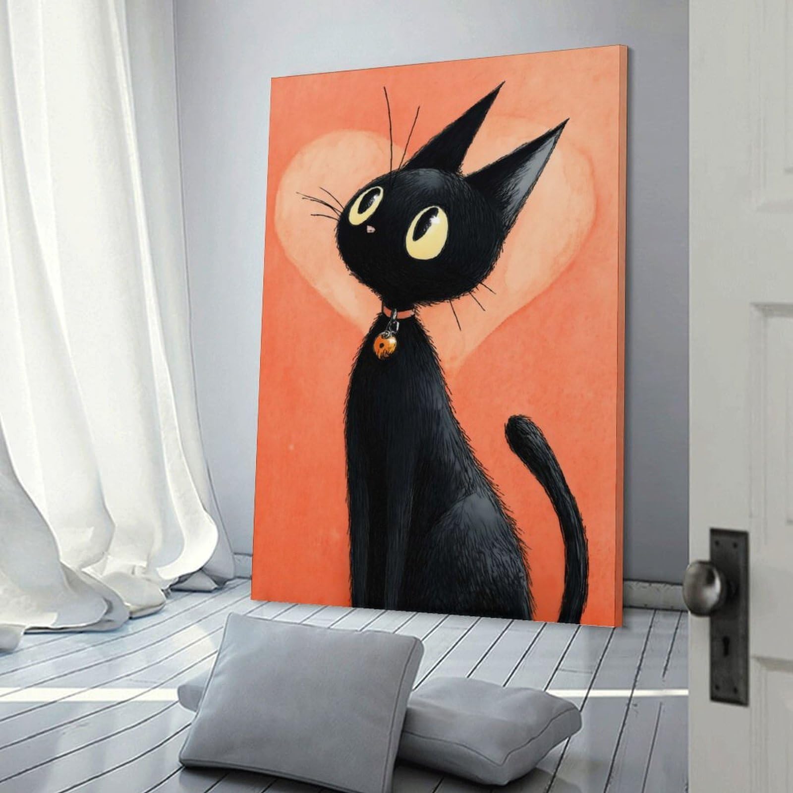 Junmoney Frame-Style-24 Cute Black Cat With Ladybug Collar Hanging Wall Art 20X30inch(50X75cm), For Front Hall, Corridor Or Welcome Spaces, Wall Decor To Refresh Empty Corners
