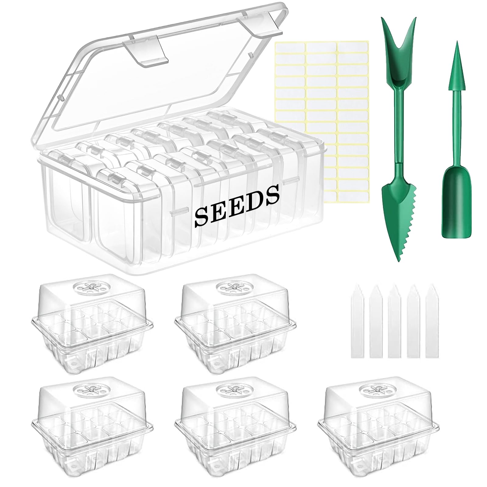 Set of Seed Storage Box and Seed Starter Tray, Seed Organizer, 5 Pack 60 Cells Seedling Starter Tray with Humidity Dome/Heightened Lid, Garden Tools, Labels for Starting Vegetable Flower Seed