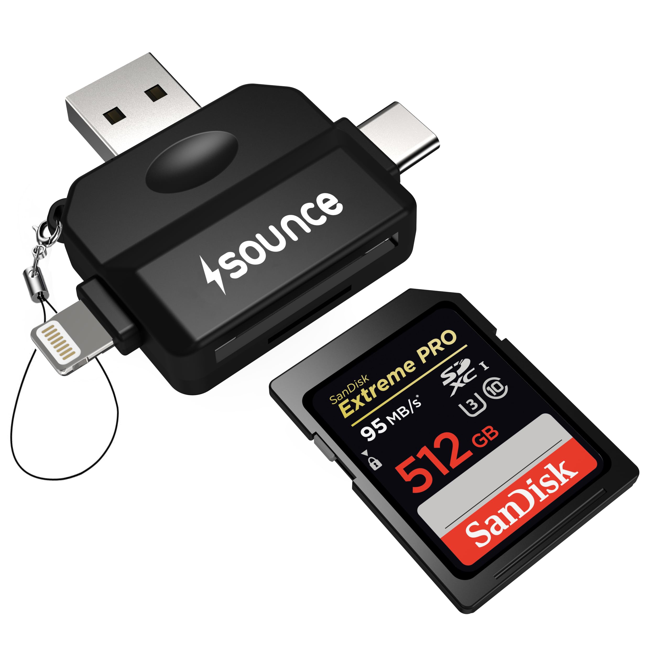 Sounce 5 in 1 SD TF Card Reader Type C USB 3.0 and Lighting Ports Memory Card Reader OTG Adapter Compatible with SDHC SDXC MMC RS-MMC and Micro SDXC for iPhone & Android Phone - Black
