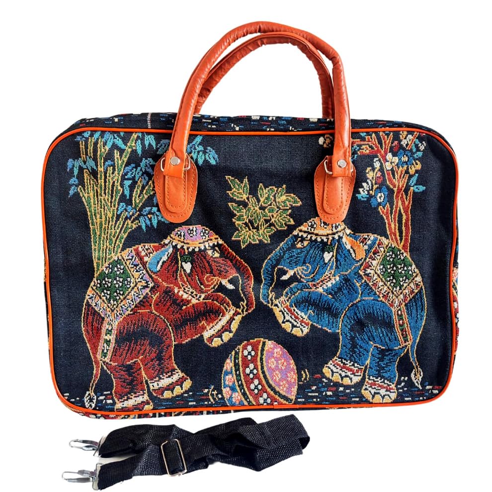 Babbotty'Women and Men Elephant Printed Canvas Duffle Bag,Luggage Travelling Purse for Women, Stylish Duffel Cabin Size Air Bags Handbag, Handbag with Rajasthani Royal Print (Black)-image-7