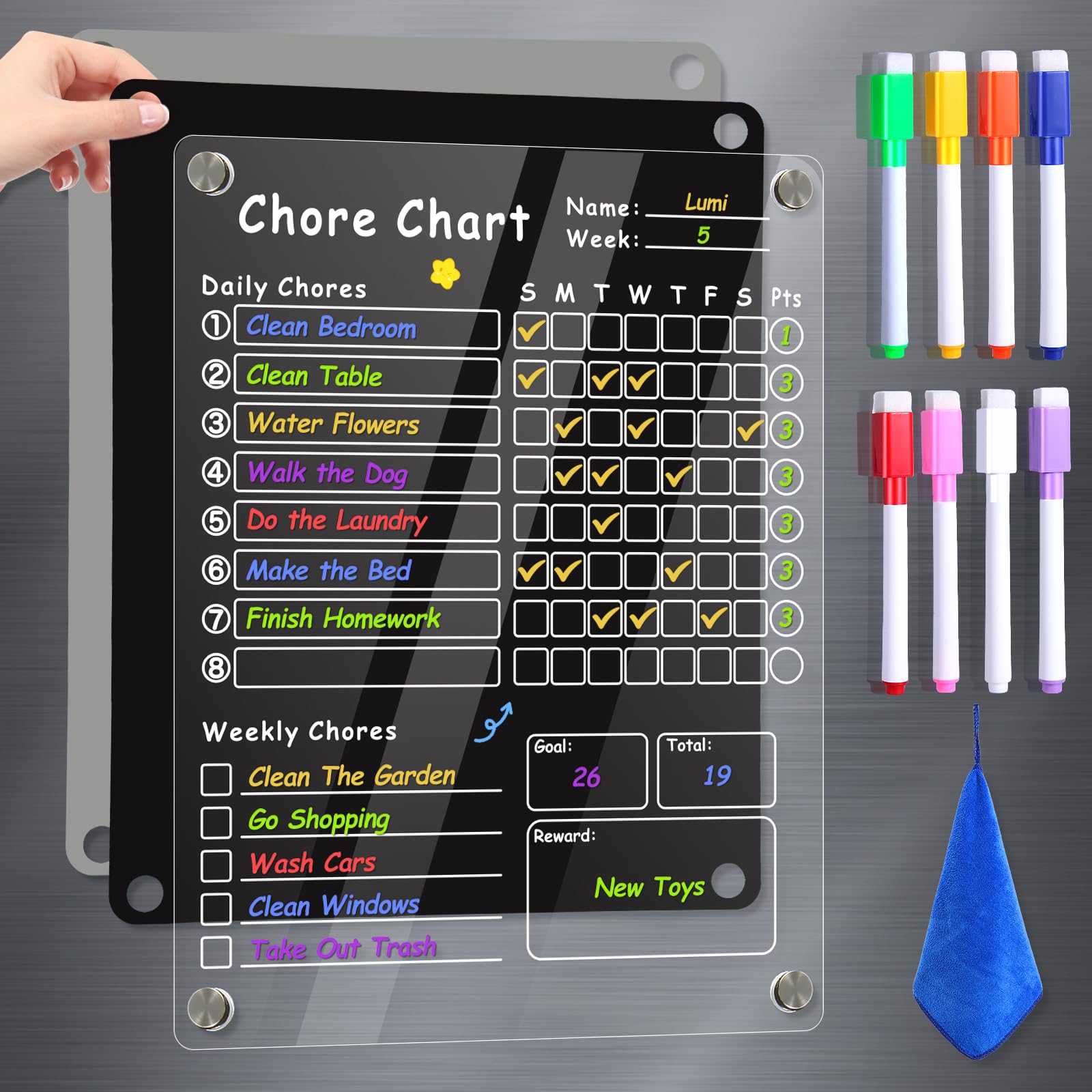 Acrylic Magnetic Chore Chart for Kids, Transparent Erasable Reward Chart for Teens and Adults Chore Checklist with 6 Markers and Towel