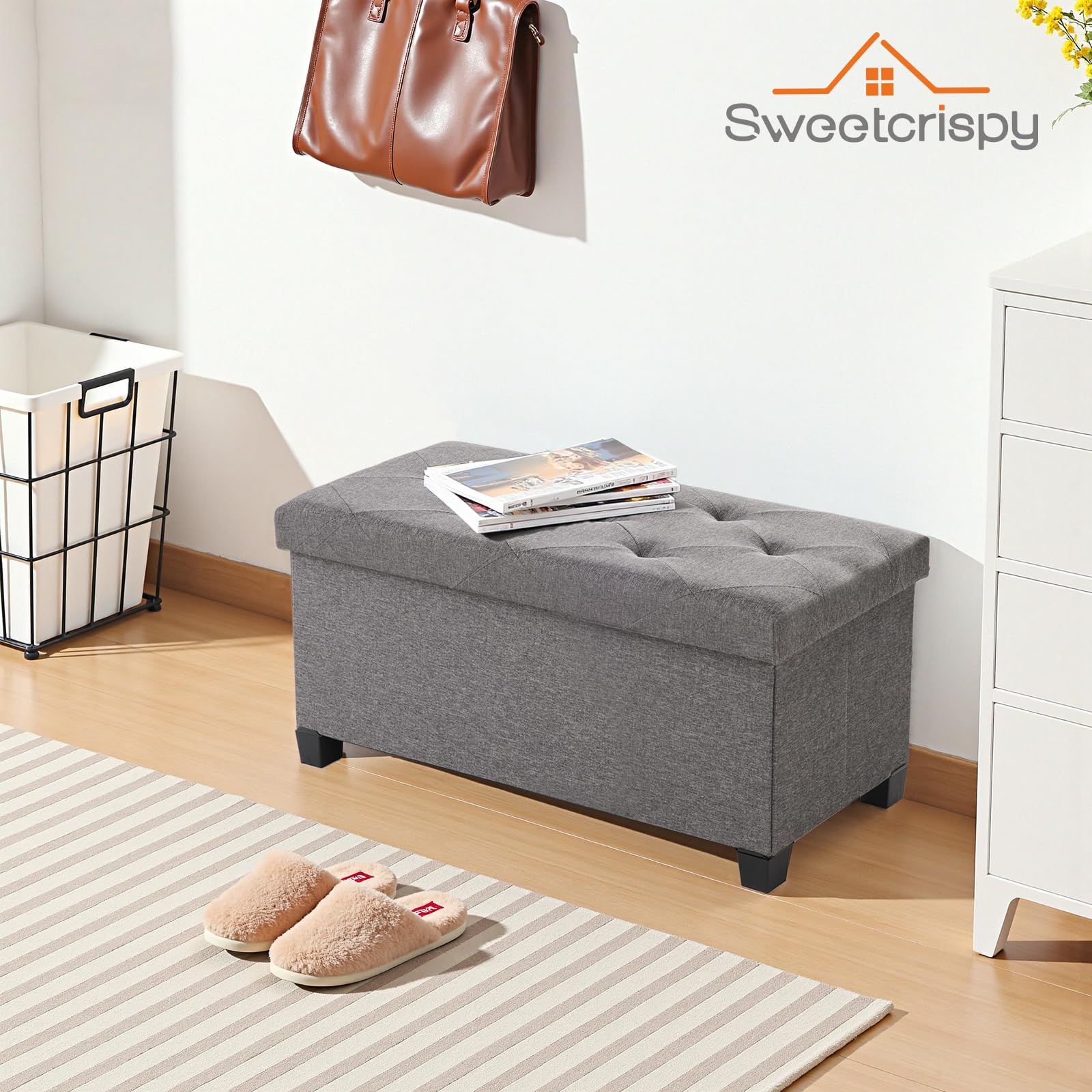 Sweetcrispy Banco con Espacio de Almacenamiento, Banco con Patas, 76 x 38 x 38 cm, Plegable, Caja de Almacenamiento con Tapa, soporta hasta 300 kg, para salón, Dormitorio, Pasillo, Gris Oscuro