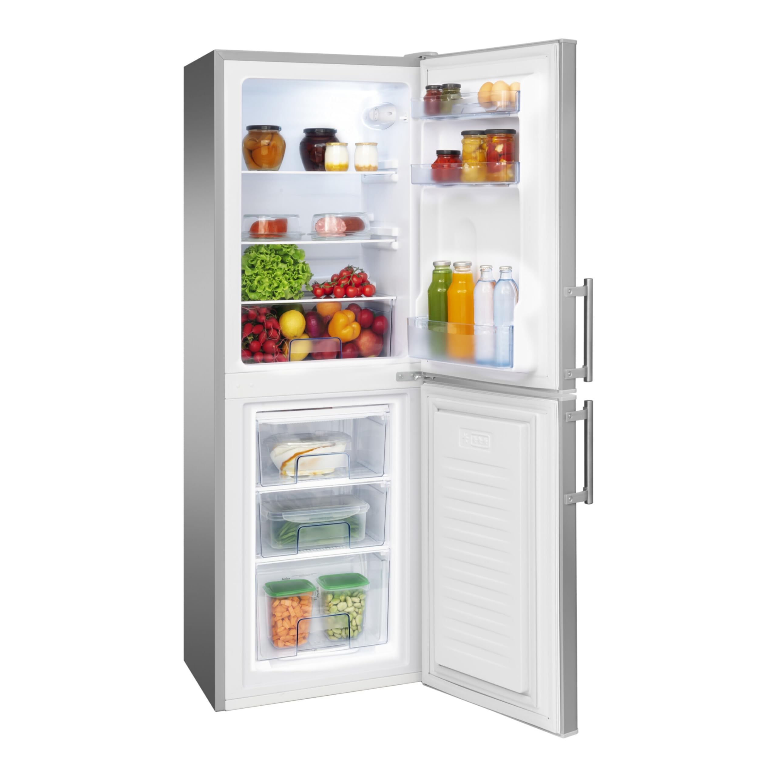 Amica Kühl-Gefrierkombination 138 L 148x52x59 cm KGC 384 111 E | 93 L Kühlteil, 45 L Gefrierteil, Automatische Abtauung, LED Beleuchtung, Gemüseschublade, 3 Gefrierschubladen, Eiertablett