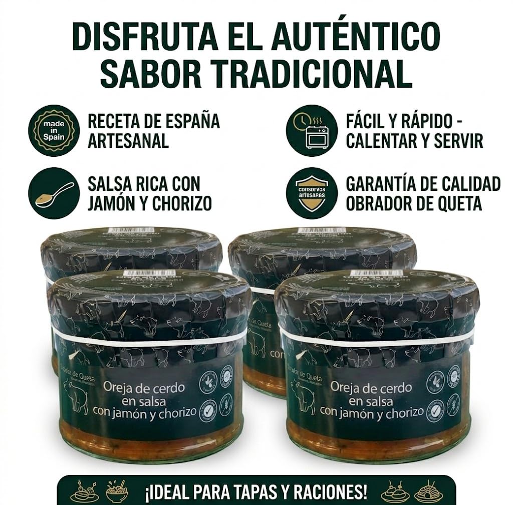 Oreja de Cerdo en Salsa con Jamón y Chorizo, Receta Tradicional Artesana, Plato Preparado Calentar y Servir, Sin Gluten, Sin Conservantes, Pack de 4 Tarros (4 x 400g)
