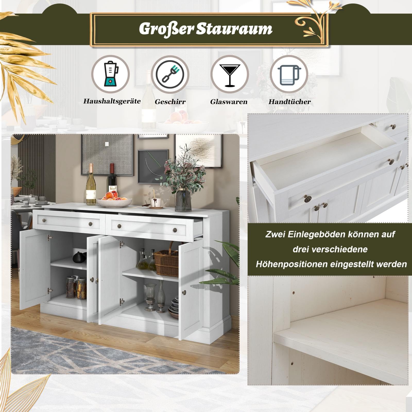 KOMHTOM Opbergkast, zwart, dressoir met vier deuren en twee laden, moderne led-kast (zwart