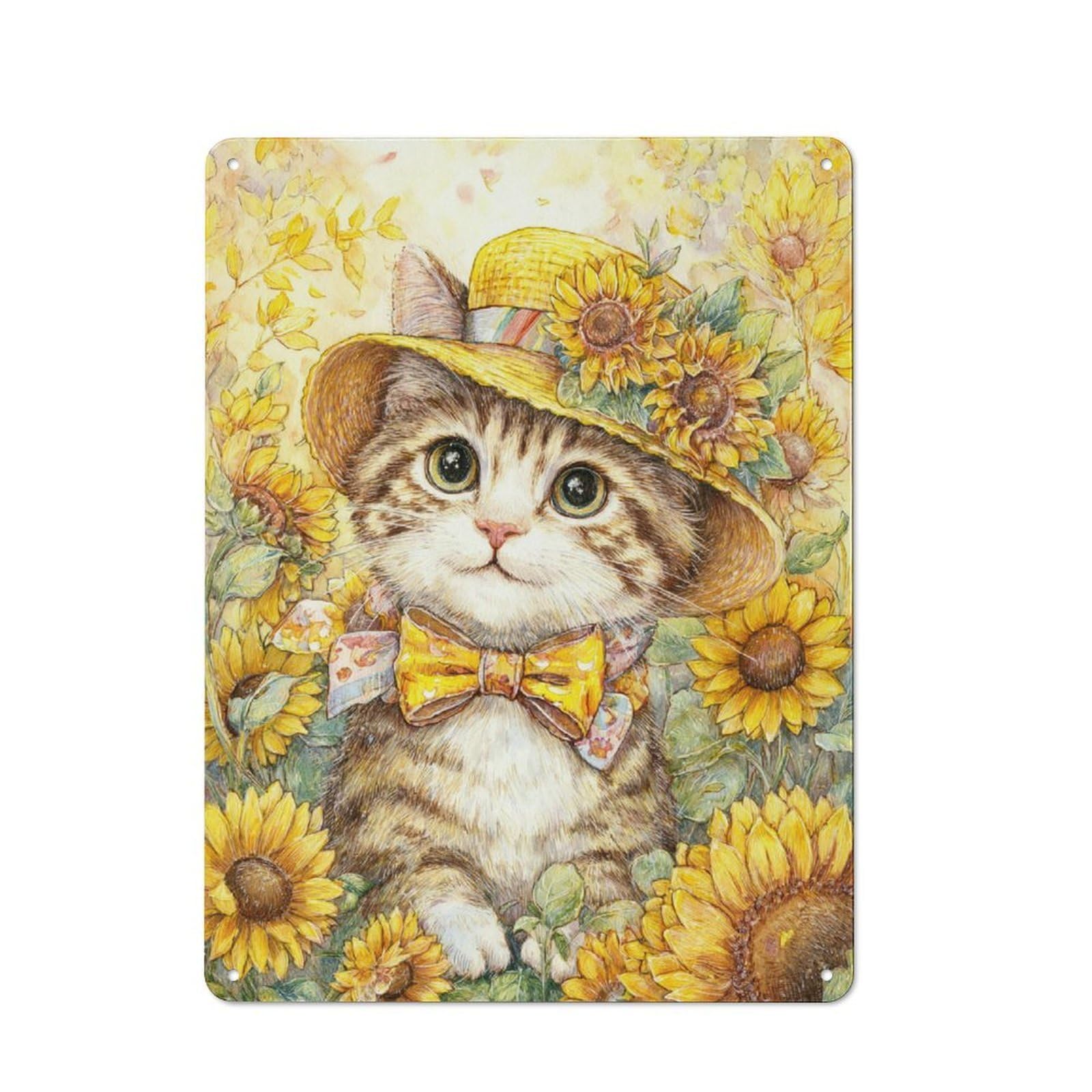 Junmoney Sunflower Cat Charm Retro-Style Tin Sign 40X30cm For Man Cave Or Games Room, A Metal Wall Feature For Games Rooms And Man Caves