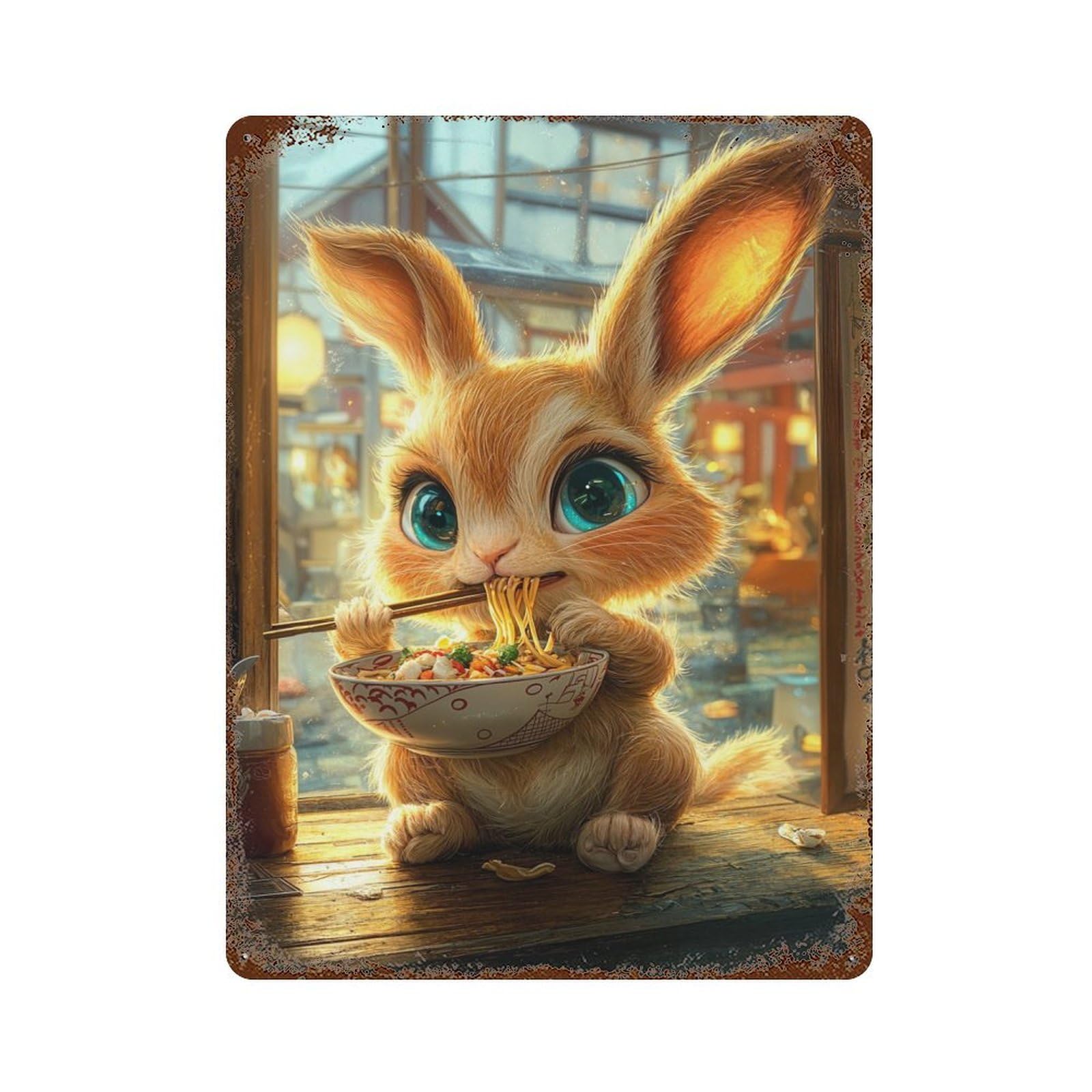 Cute Bunny Eating Ramen Vintage Metal Tin Sign 15.7"x11.8", Ideal for Cafe, Home Bar And Lounge Decor