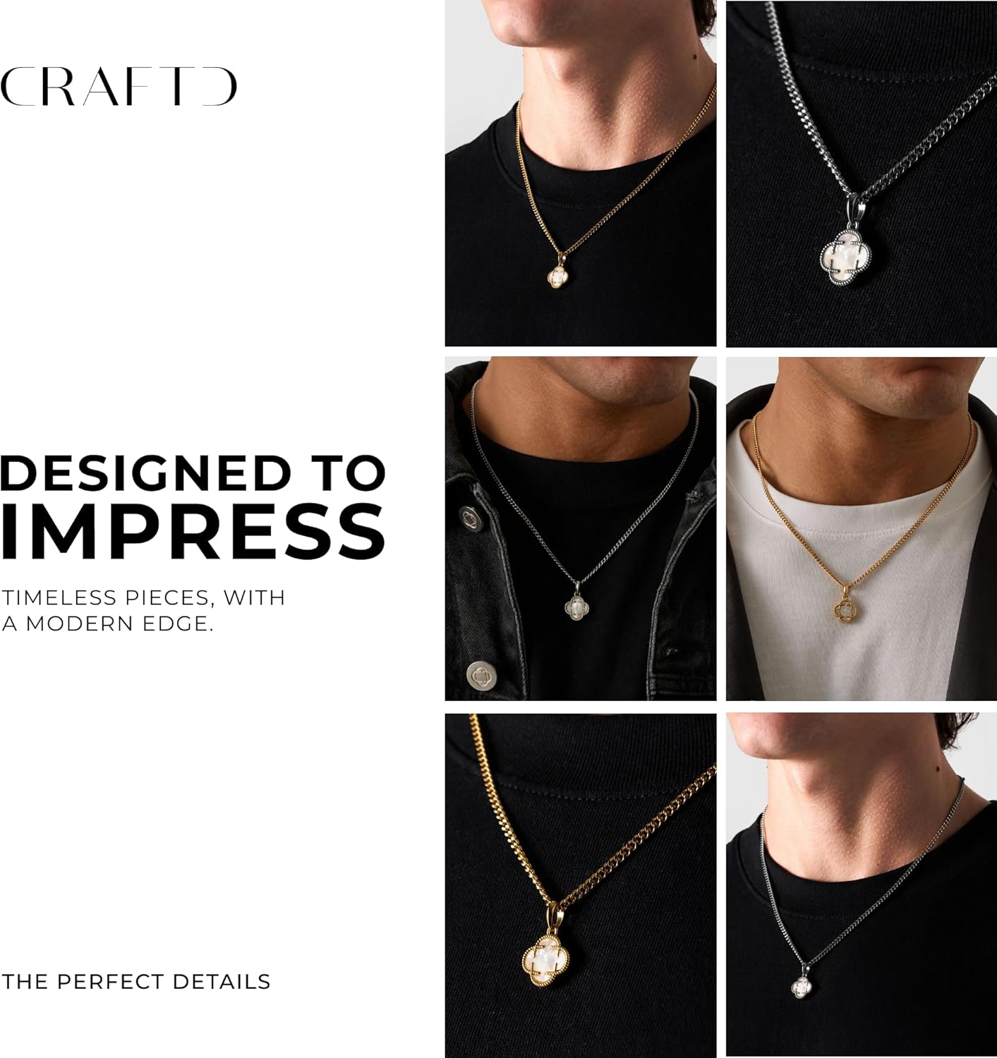 CRAFTD - White Clover Stone Pendant Necklace - 18K Gold & 316L Stainless Steel - 20.5" Cuban Chain with 15MM x 15MM Pendant - Waterproof, Heat & Sweat Resistant - Gifts for Men - Men's Jewelry