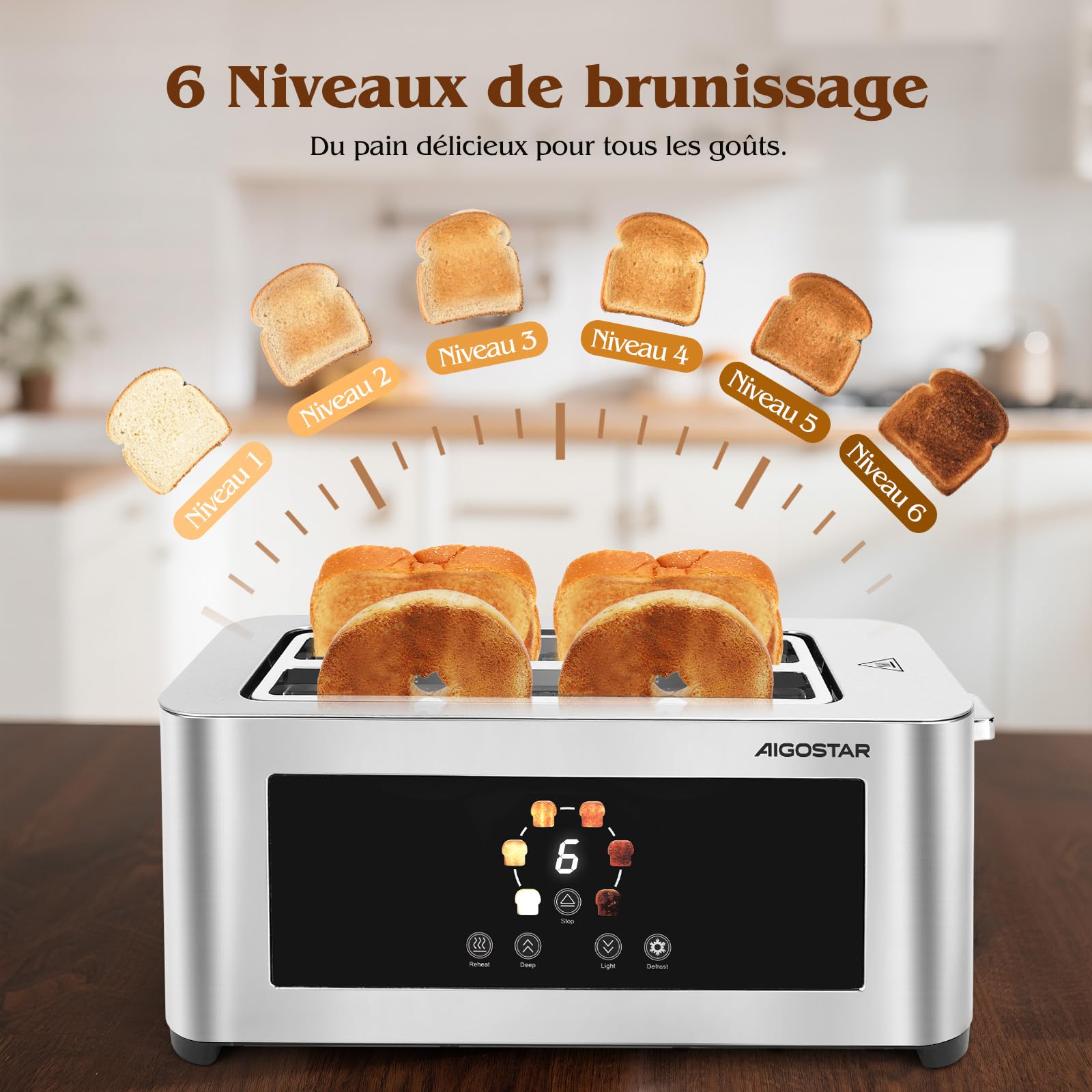 Aigostar Grille-Pain 4 Tranches, Écran Tactile LED, Grille Pain à Fentes Longues, Fente Extra Large de 4 cm & Auto-Centrage, 6 Niveaux de Dorage, Réchauffage, Décongélation & Annulation, 1400W
