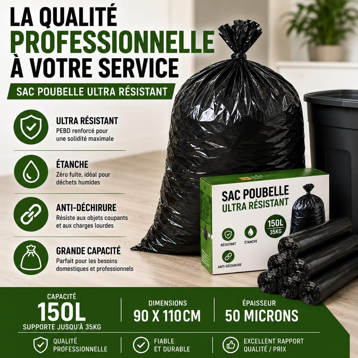 Bolsa de basura reforzada 150L | 50 bolsas ultra resistentes PEBD | Capacidad 35kg | Bolsa profesional antifugas y antidesgarros | Residuos pesados y cortantes | Trabajos, Oficinas, Comercios