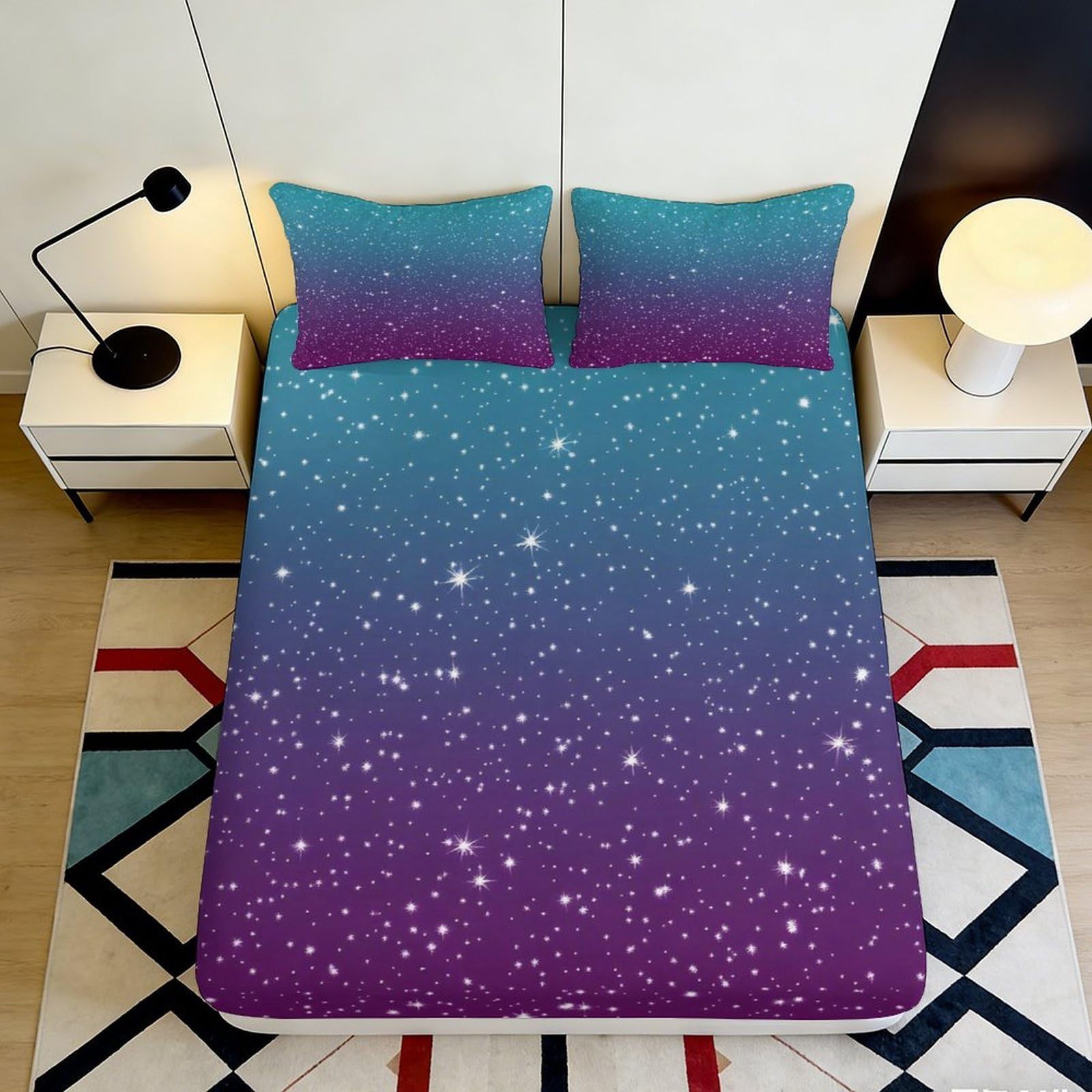 3D Printed Galaxy Starry Sky Fitted Sheet Microfiber Soft Gradient Blue Purple Cosmic Nebula Mattress Cover Bedroom 90x200x25cm