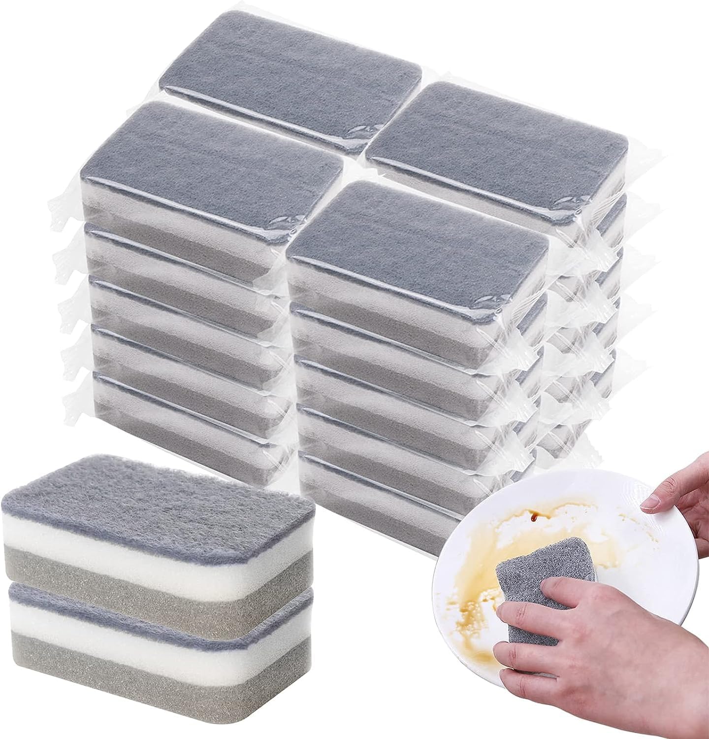 Kitchen Dishwashing Sponge Individually Wrapped Sponges, Bulk Non Scratch Scouring Pad Odor-Free Dish Sponges for Washing Dishes Wipes for Household Cleaning Dishes Travel Apartments (Grey 1000 Pack)