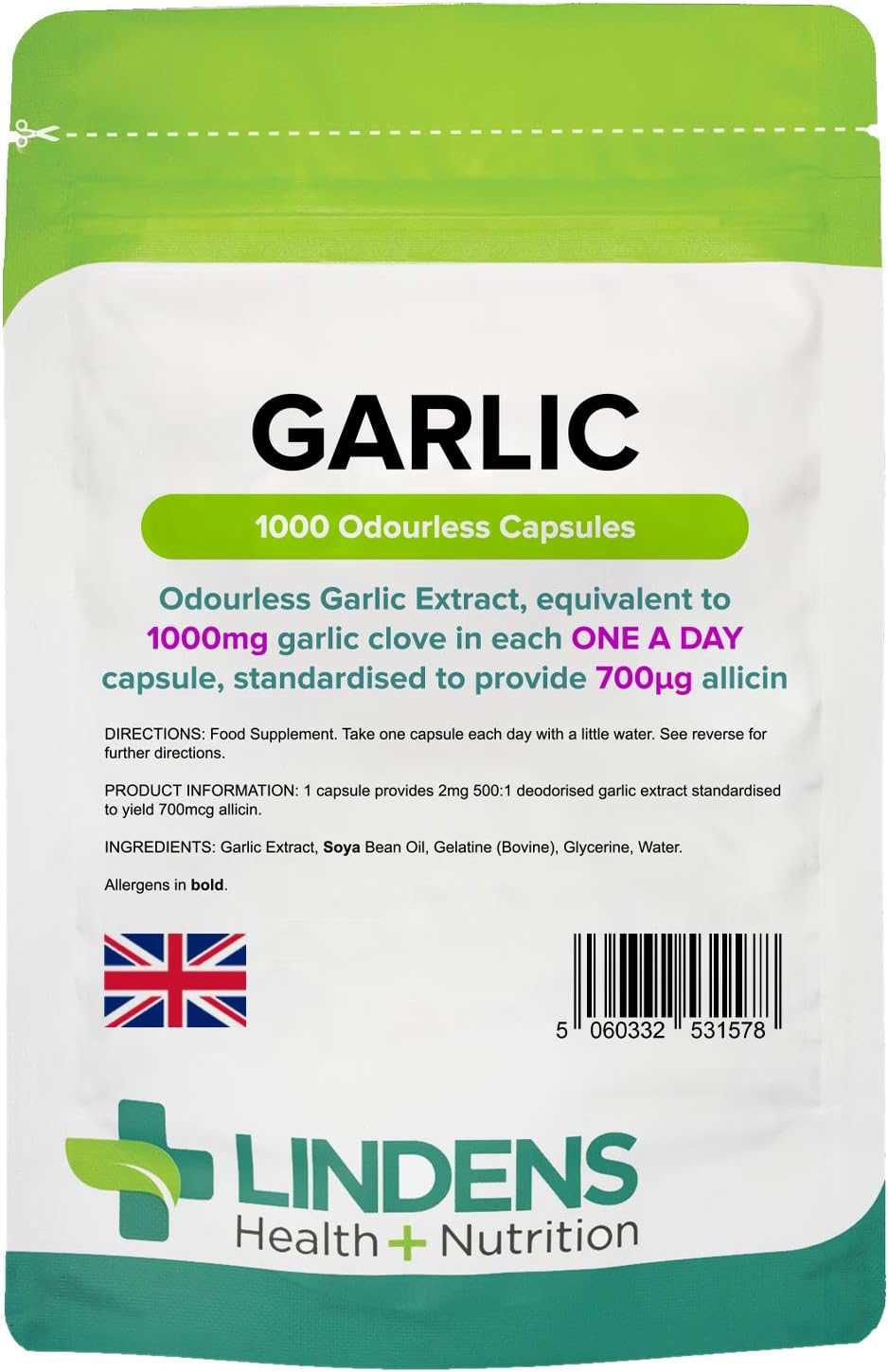Lindens Garlic Odourless Capsules - 1000mg (700mcg Allicin) - 1000 Capsules 1000 Days’ Supply - UK Manufacturer, Letterbox Friendly