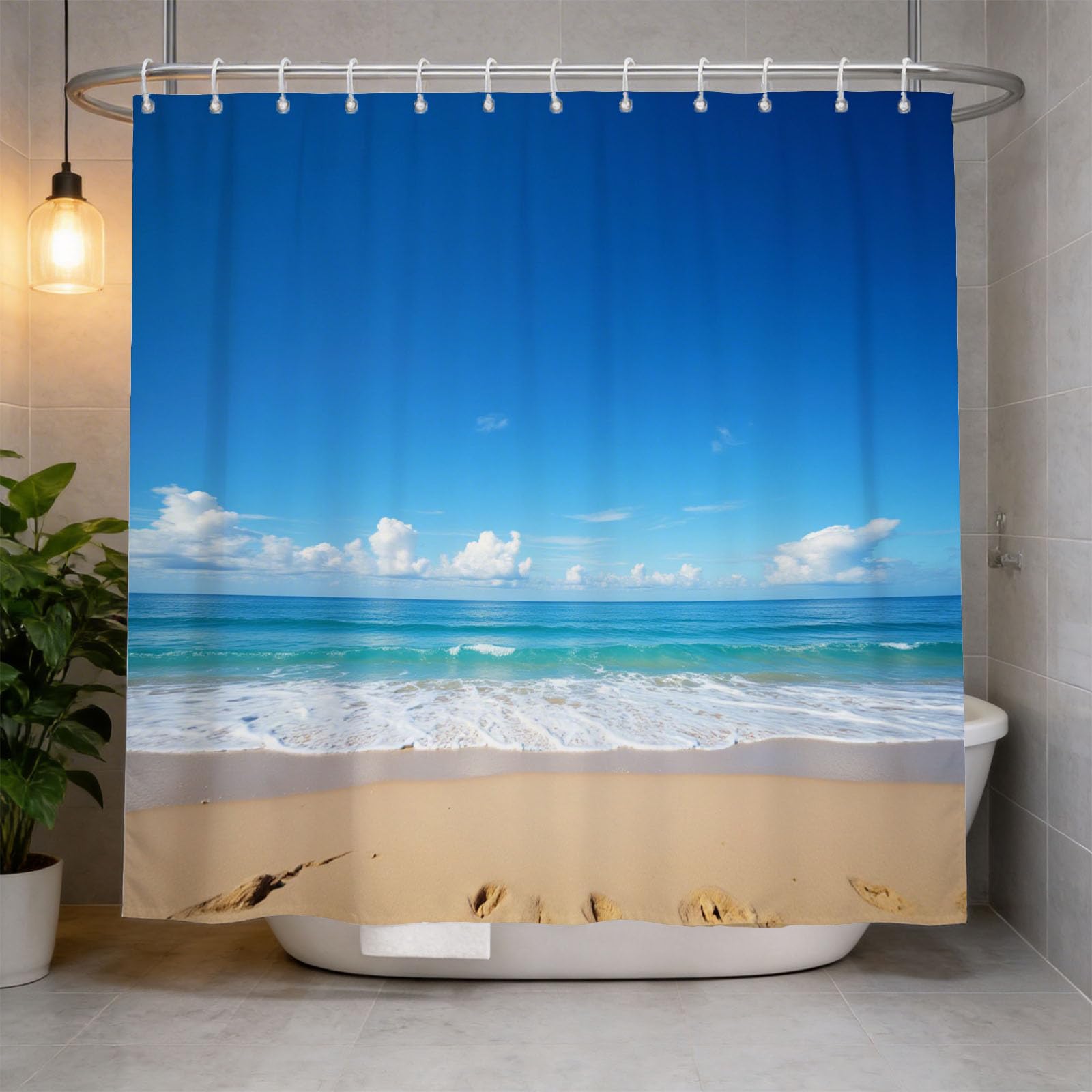Hongduo 3D Beach Scene Shower Curtain for Stalls Bathtubs Sandy Beach Bathroom Decor Shower Curtain Set Polyester Fabric Waterproof 200x200cm/79X79 Inch with Hooks