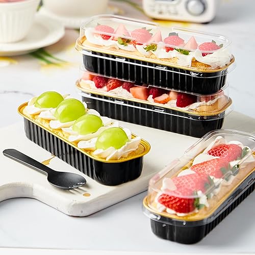 Miniatura 6 de Mini moldes para pan de 6.8 onzas con tapas y tenedores, paquete de 50 recipientes rectangulares de papel de aluminio para hornear pasteles, moldes