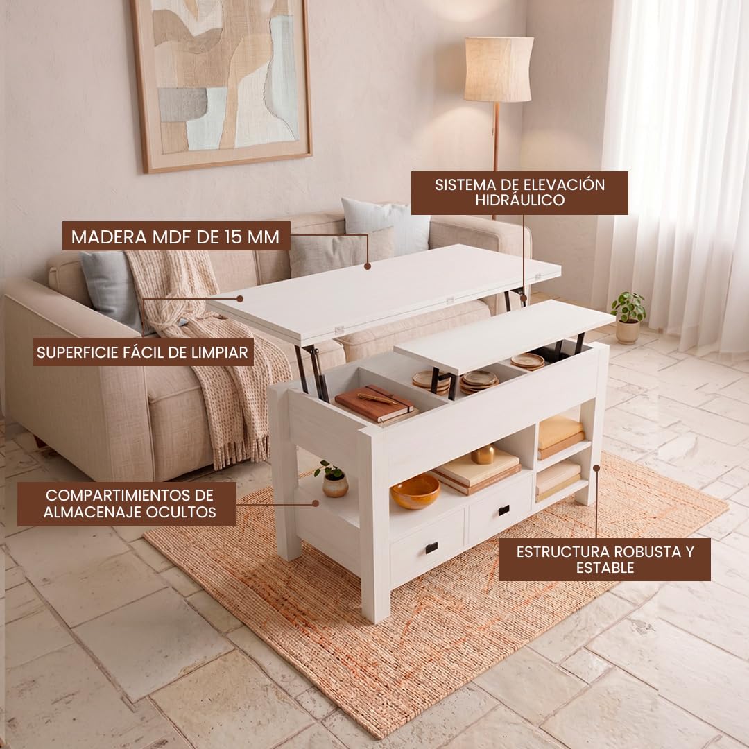 Marctani Mesa de Centro elevable 3 en 1 - Mesa de Centro Blanca con Almacenamiento Oculto y 2 Cajones, Mueble de Salón Extensible en Madera MDF para Escritorio y Comedor