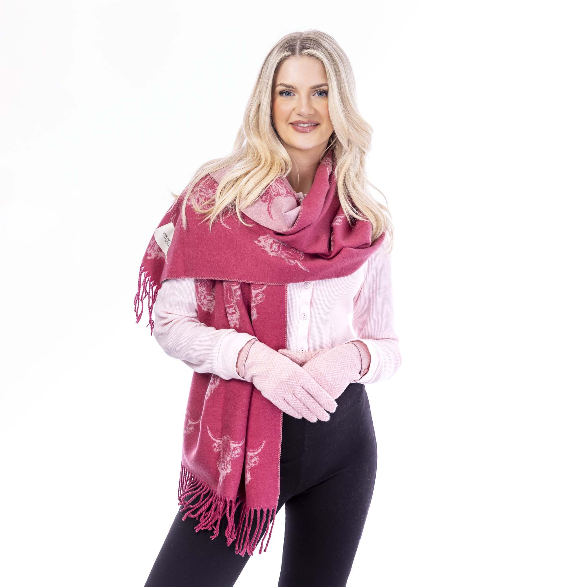 Heritage Traditions Heilan Coo Multi Super Soft Scarf, Highland Cow Scarf (Damson/Pale Rose)