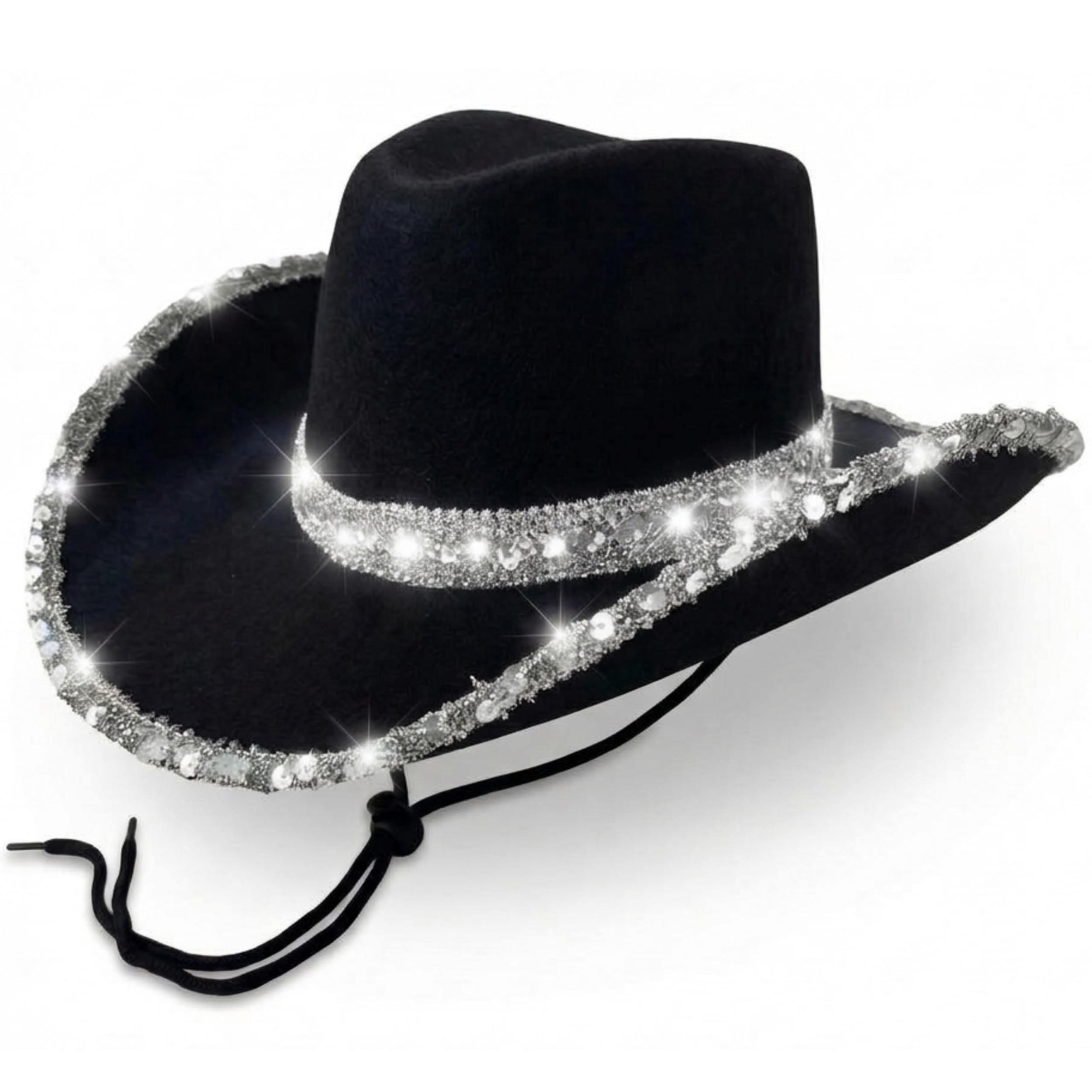 Black Cowboy Hat Women Sparkly - Ladies Sequin Black Cowgirl Hat Accessory - Cowgirl Accessories for Women Country and Western Fancy Dress - Adult Cow Girl Accessories for Wild West Fancy Dress