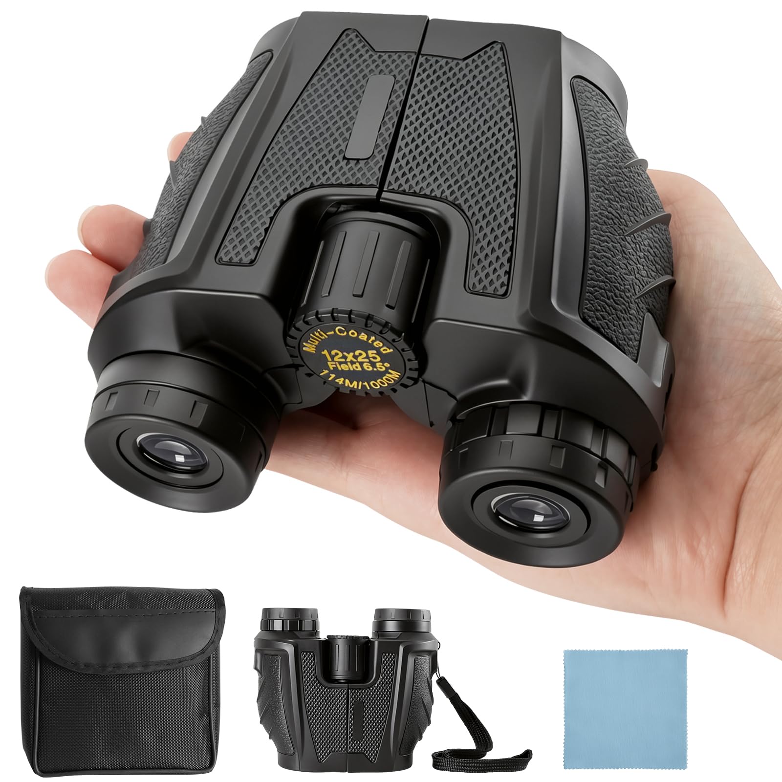 Binocolo per Adulti e Bambini, Compatto Binocolo 12x25 HD, Portatile, Pieghevole, Con Borsa Portaoggetti, Mini Bino-colo per Birdwatching, Teatro e Concerti, Caccia e Giochi Sportivi