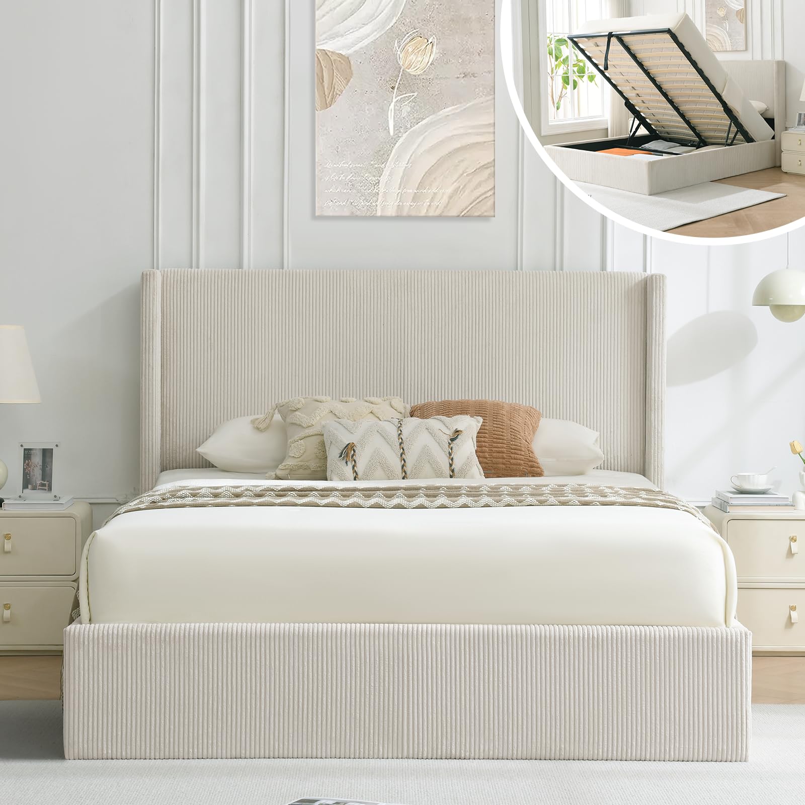 VELOCAVA Queen Size Lift-Up Storage Bed, Modern Upholstered Corduroy White Bed with Wingback Headboard, Gas Lift Platform, Sturdy Wooden Slat Support,