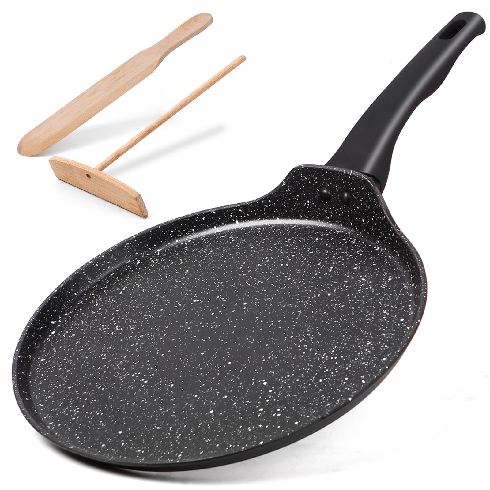diig Sartén para crepes (28 cm, antiadherente, tortilla, con distribuidor de masa y pala de madera), color negro