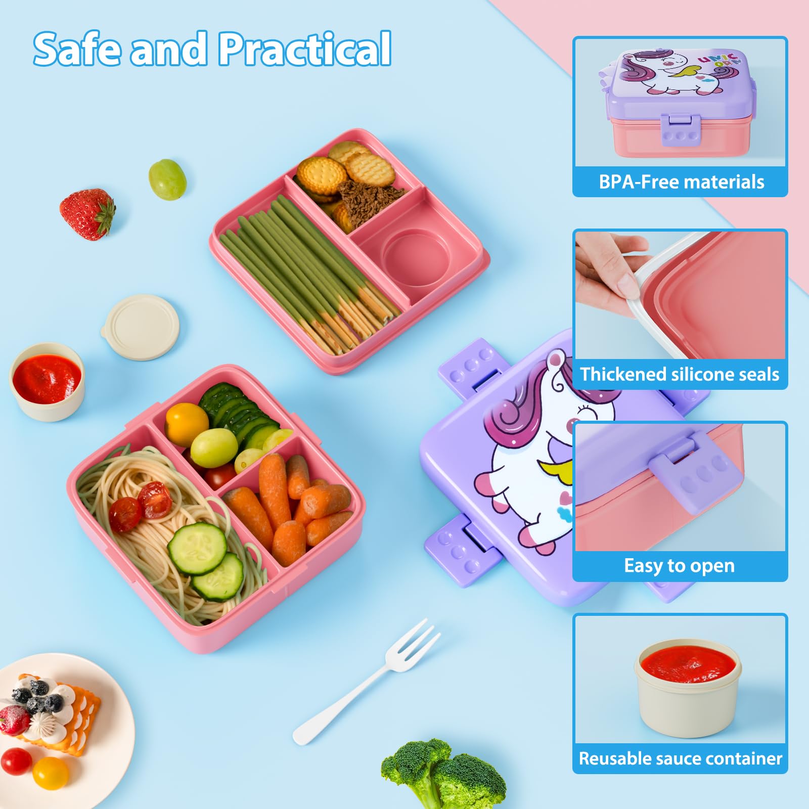 Freshmage Bento Box, Double-Layer Lunch Box Container with 3 Compartments, Large Capacity, Leakproof and BPA Free Bento Lunch Box, Durable, Drop-Proof, Dishwasher and Microwave Safe, Pink