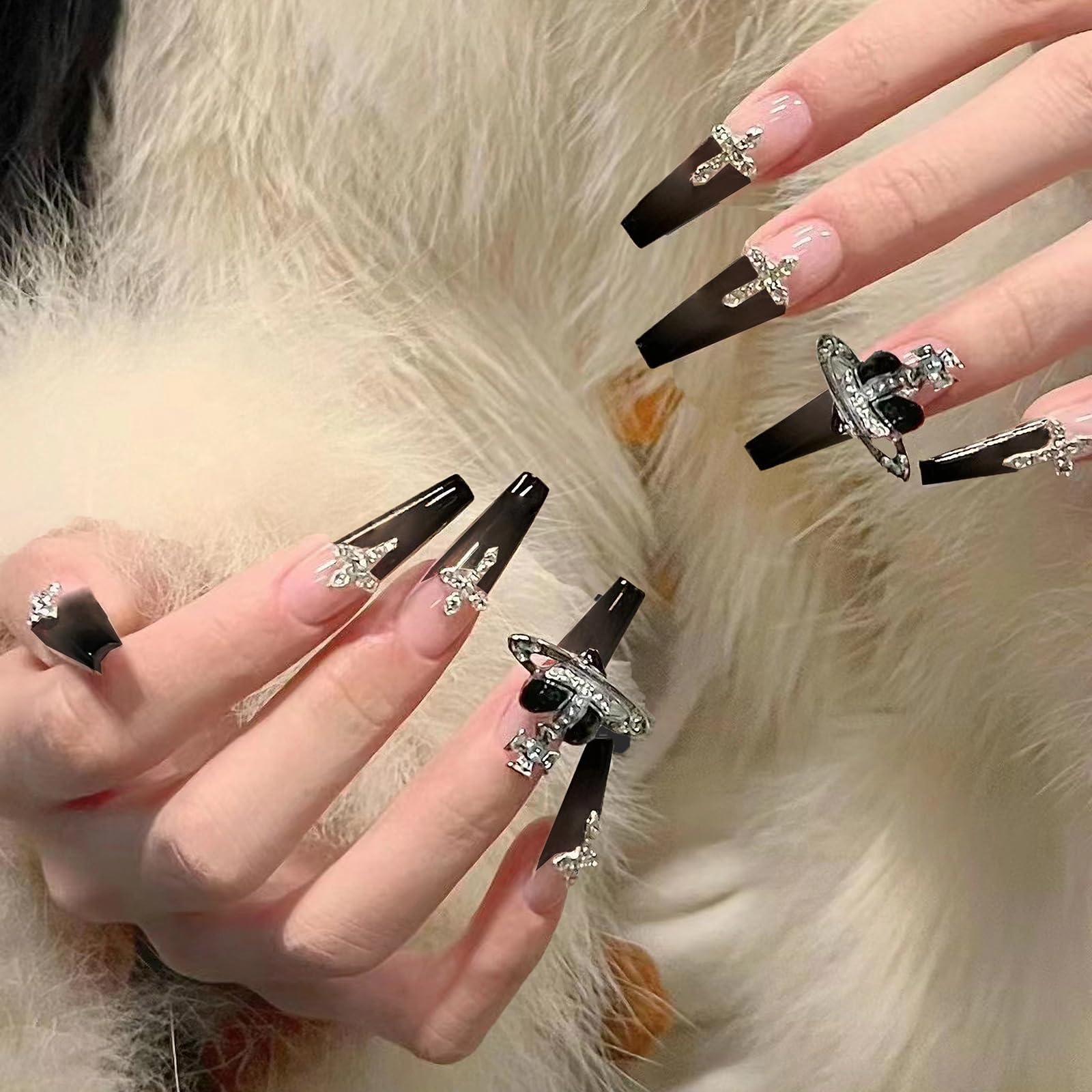 MISUDPress on Nails Long Coffin Fake Nails Glossy Glue on Nails Goth Black Ombre Acrylic Nails Ballerina Artificial Nails Cross Saturn Rhinestone Stick on False Nails with Design 24 pcs