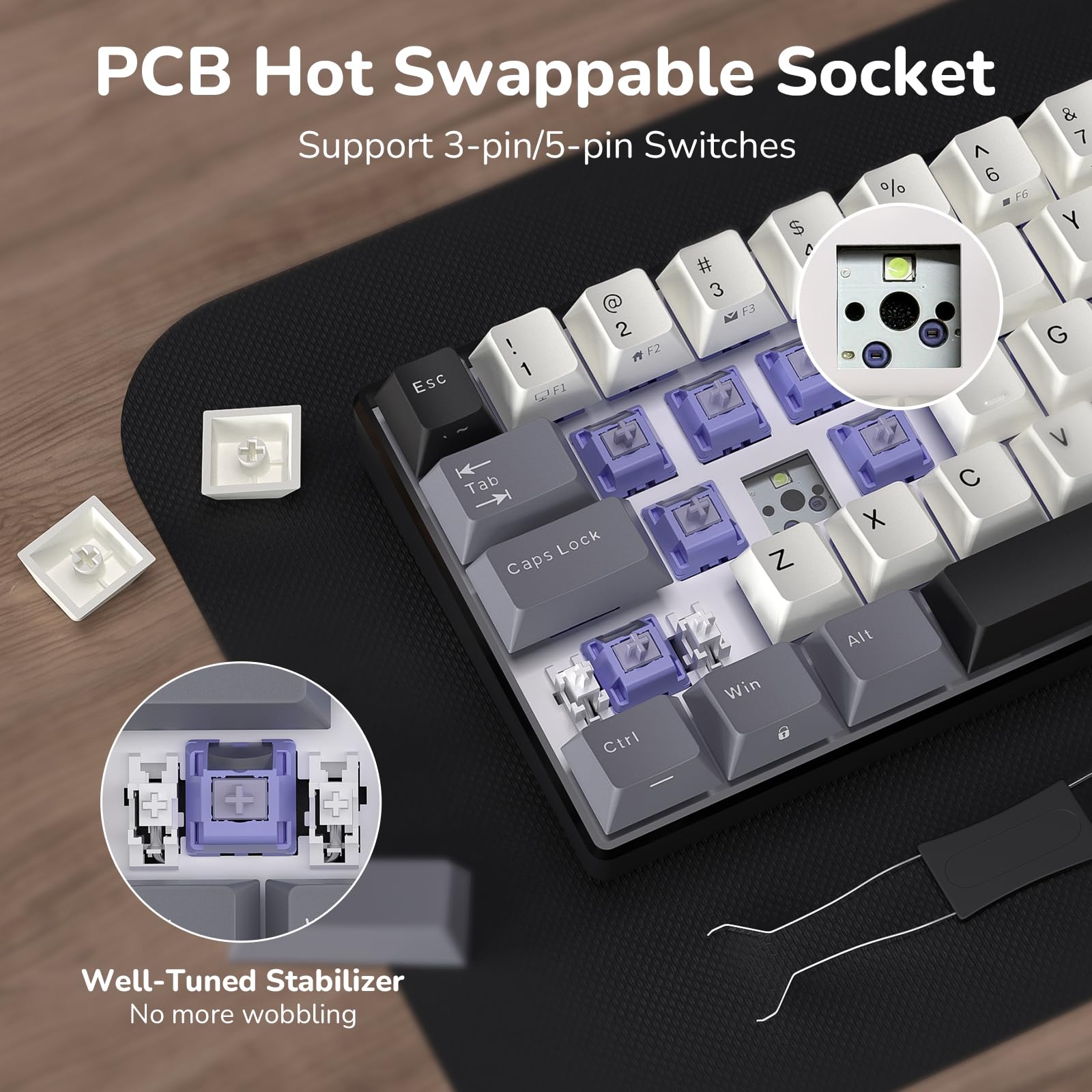 RK ROYAL KLUDGE RK61 bezprzewodowa klawiatura mechaniczna, klawiatura gamingowa 60% trzema trybami pracy, BT5.0/2,4GHz/USB-C, klawisze tworzywa PBT, oprogramowanie Pro, wymiana na gorąco, US QWERTY
