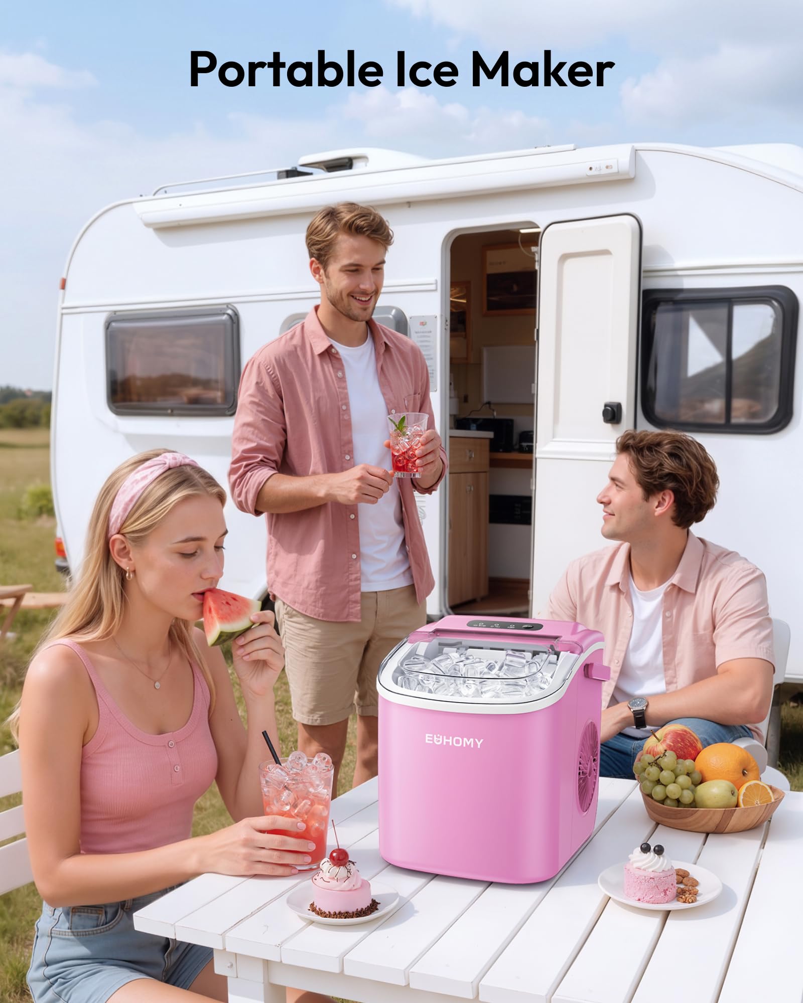EUHOMY Máquina de hielo de banco con mango, 11,8 kg por día, 9 cubitos de hielo listos en 6 minutos, autolimpieza, para cocina, hogar, camping, caravana, fiesta, dormitorio
