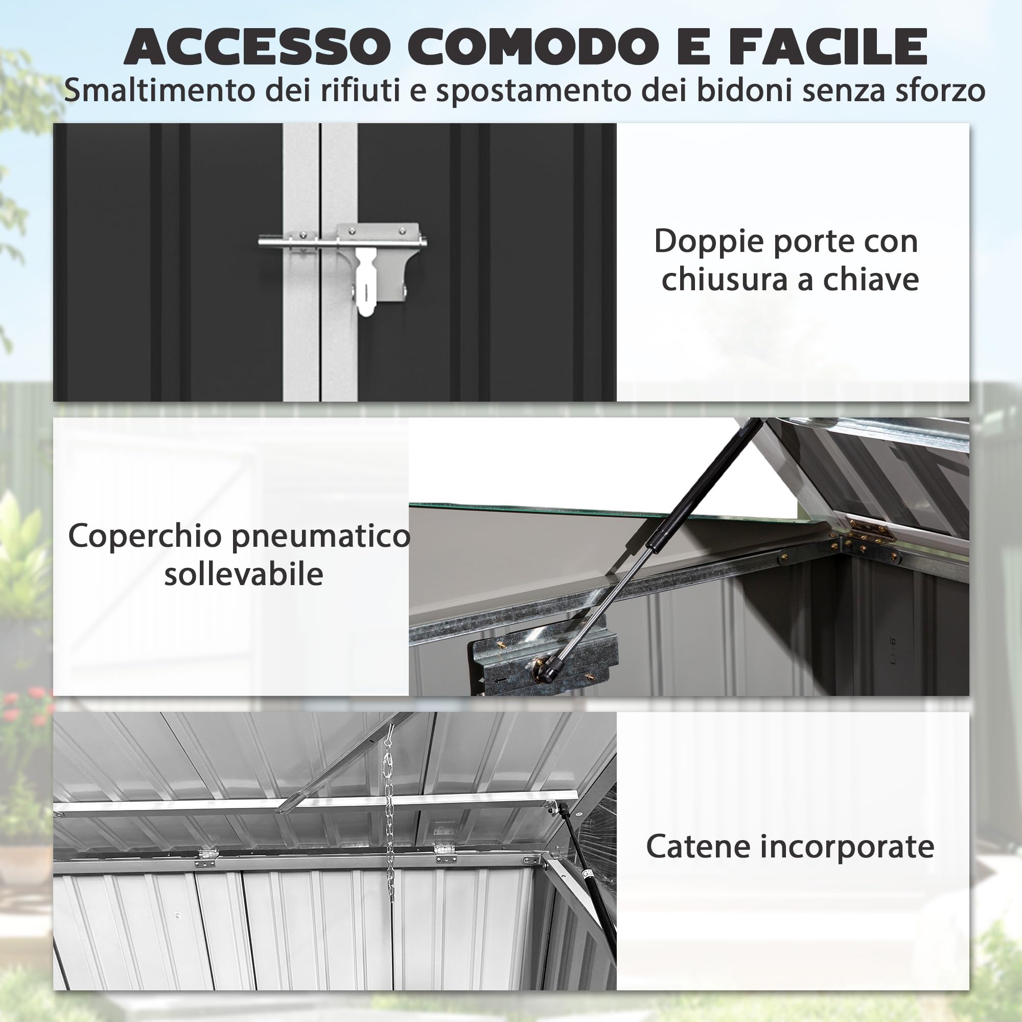 Outsunny Casetta per Spazzatura Esterna 1.91m² in Acciaio Zincato con 2 Porte Bloccabili, Contenitore per Bidoni Rifiuti con Tetto Apribile Prese d'aria, Capanno da Giardino per 2 Bidoni, Grigio Scuro - 4