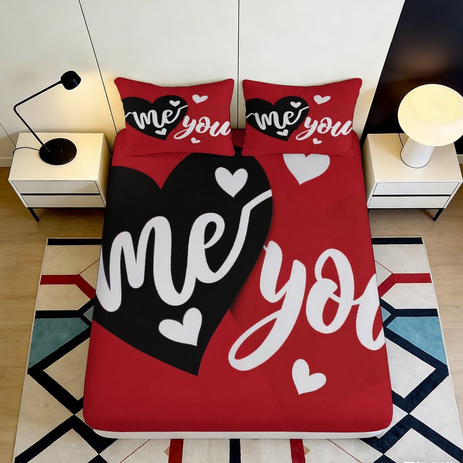 3D Printed Love Heart Pattern Fitted Sheet Microfiber Red Black Lettering Bed Cover for Bedroom Dorm Mattress Protection 160x200x25cm