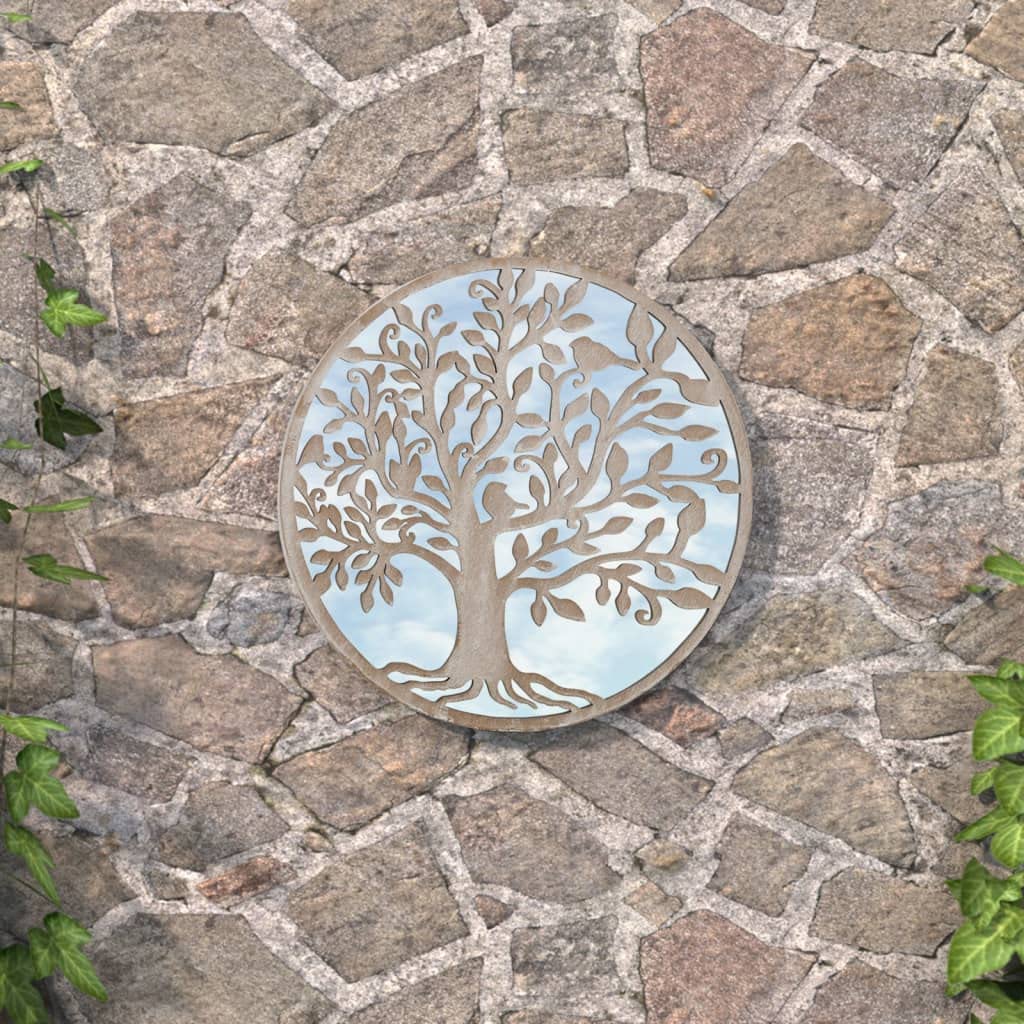 Espejo de jardín redondo de 40 x 2,5 cm, de hierro, diseño de árbol, espejo de pared para decoración de jardín, montaje en pared con agujero premontado para reflexión de la luz