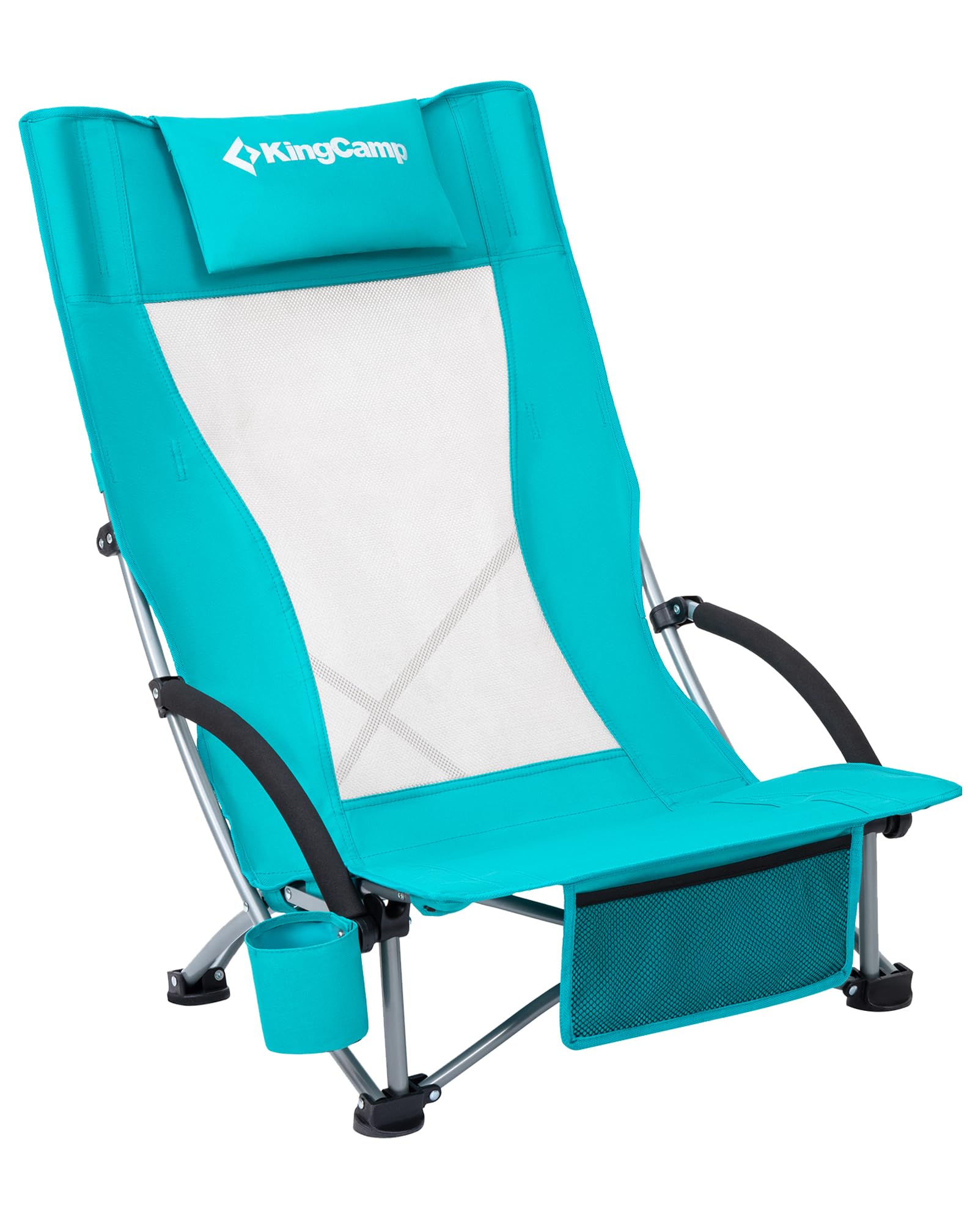 KingCamp Low Folding Beach Chair, Up to 180 kg (400 lbs), Lightweight High Mesh Back Portable Camping Beach Chairs, Padded Armrest & Cup Holder & Mesh Pocket & Carry Bag, Foldable Chair for Outdoor